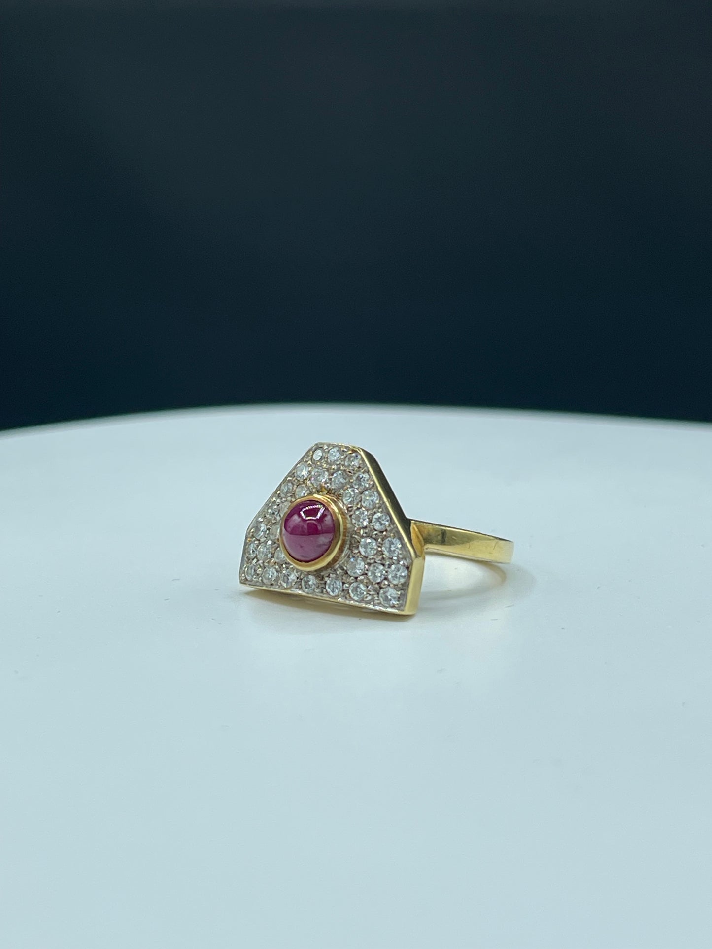 Natural Ruby Cabochon & Diamond 18k Yellow Gold Statement Ring (Size 7)