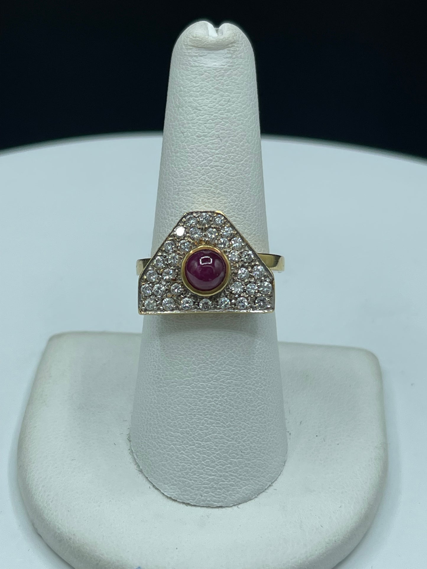 Natural Ruby Cabochon & Diamond 18k Yellow Gold Statement Ring (Size 7)