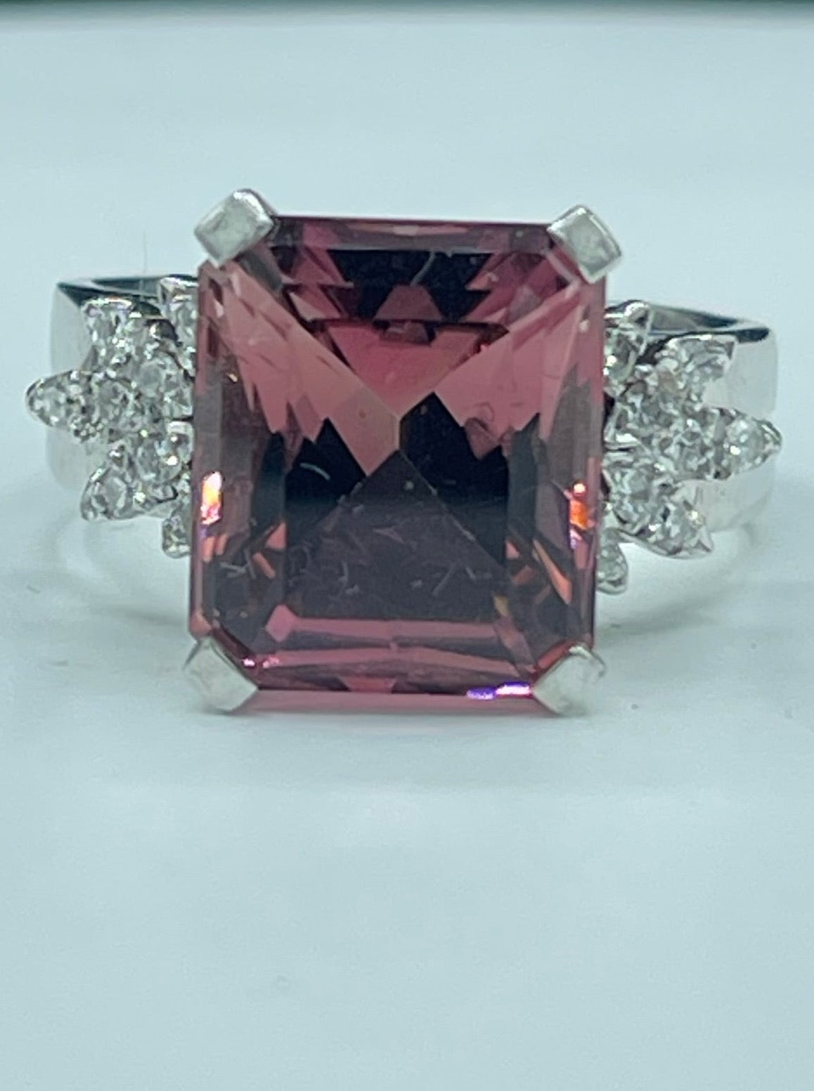 Natural Pink Rubellite Tourmaline Custom Precision Cut & Diamond 18k White Gold Cocktail Ring (Size 10)