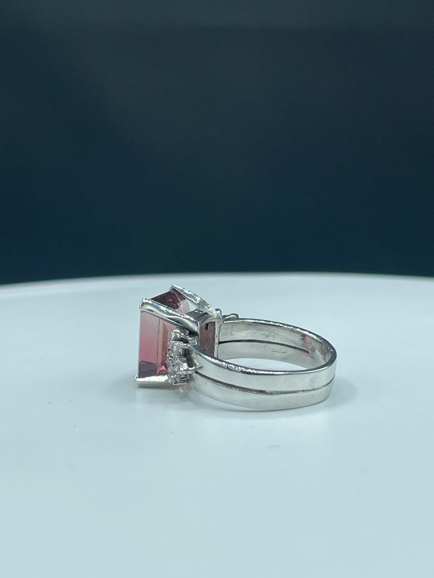 Natural Pink Rubellite Tourmaline Custom Precision Cut & Diamond 18k White Gold Cocktail Ring (Size 10)