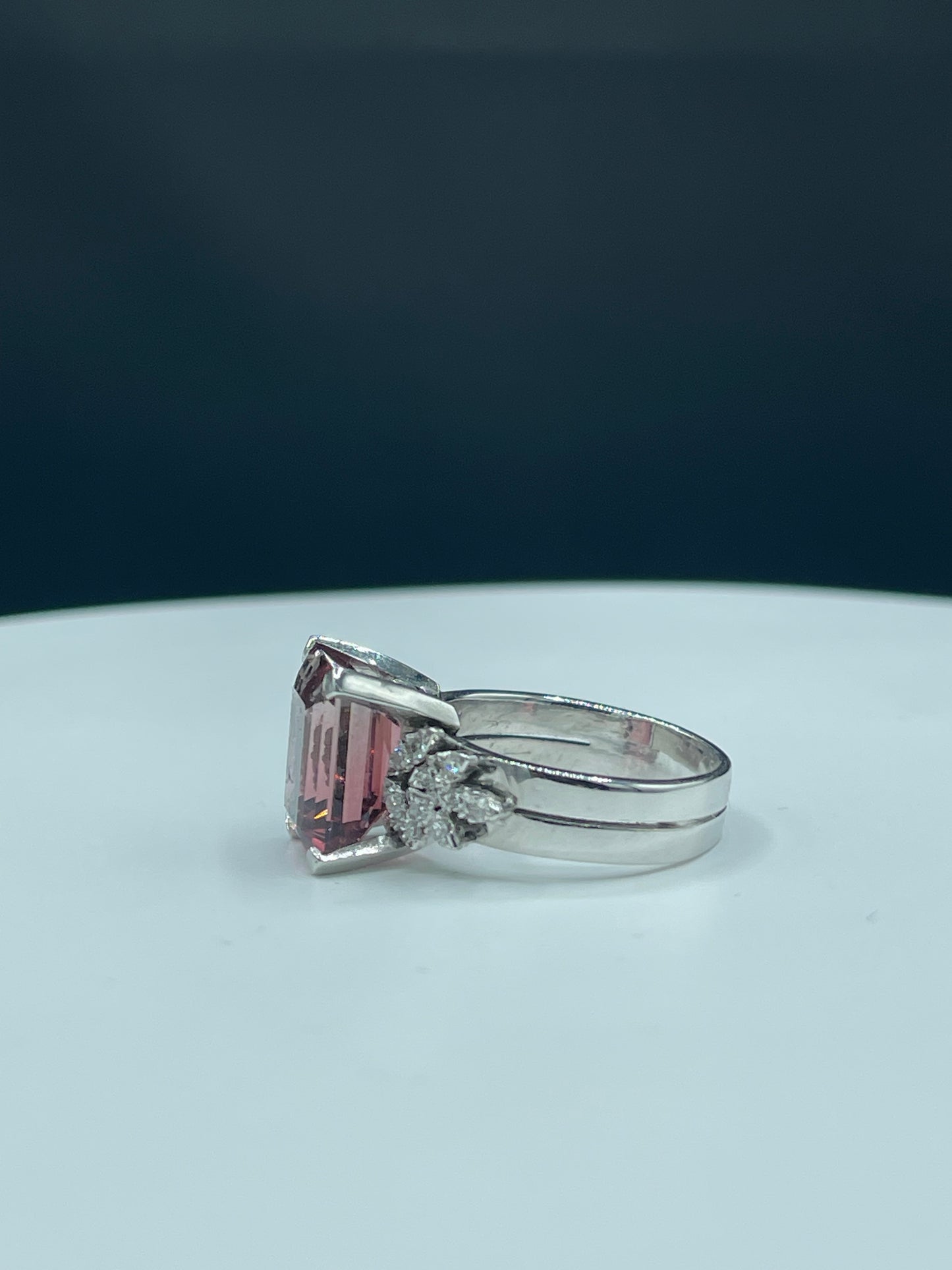 Natural Pink Rubellite Tourmaline Custom Precision Cut & Diamond 18k White Gold Cocktail Ring (Size 10)