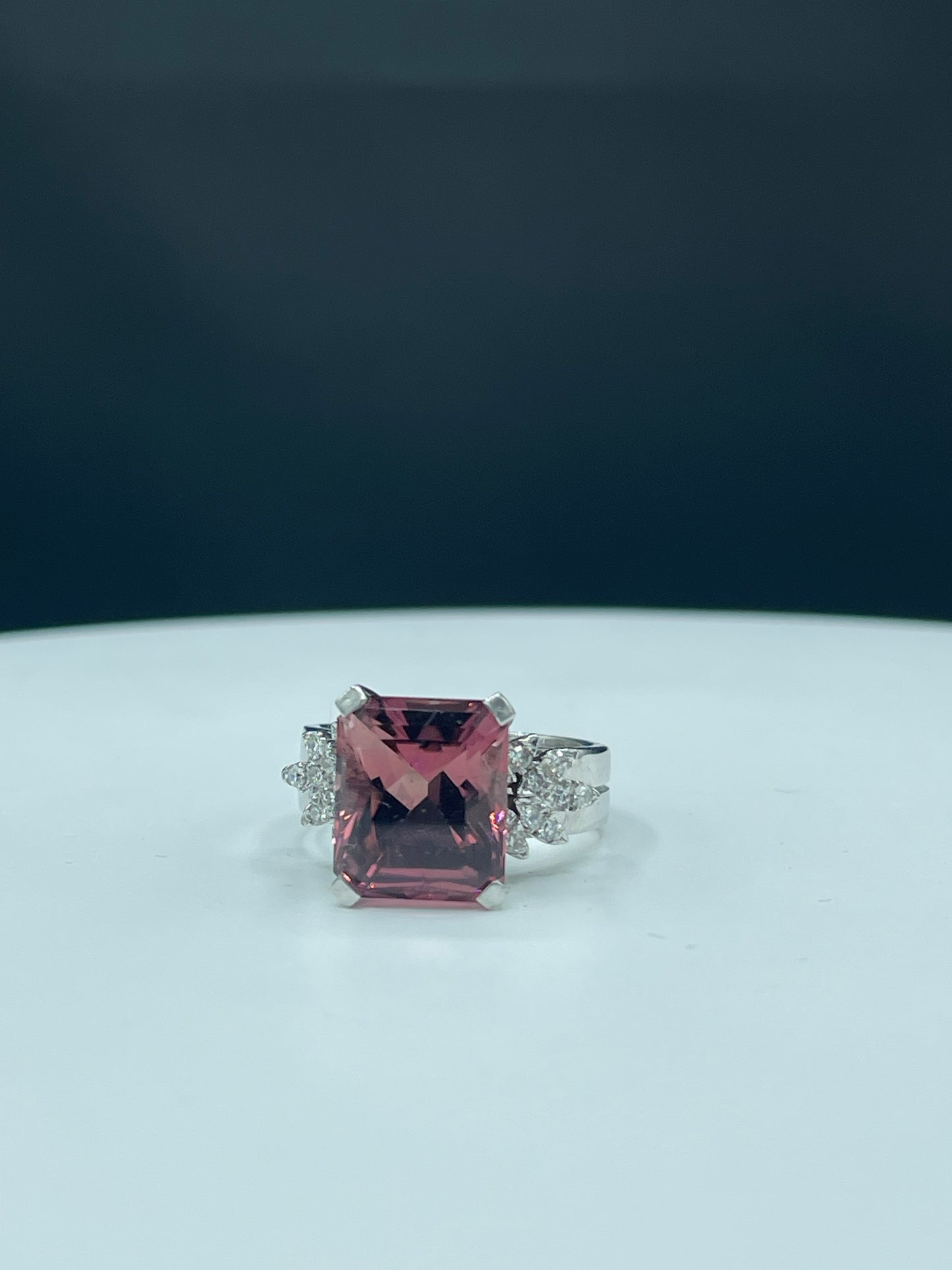 Natural Pink Rubellite Tourmaline Custom Precision Cut & Diamond 18k White Gold Cocktail Ring (Size 10)