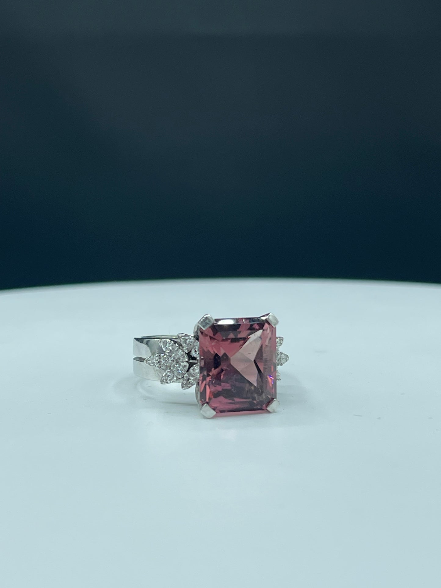 Natural Pink Rubellite Tourmaline Custom Precision Cut & Diamond 18k White Gold Cocktail Ring (Size 10)