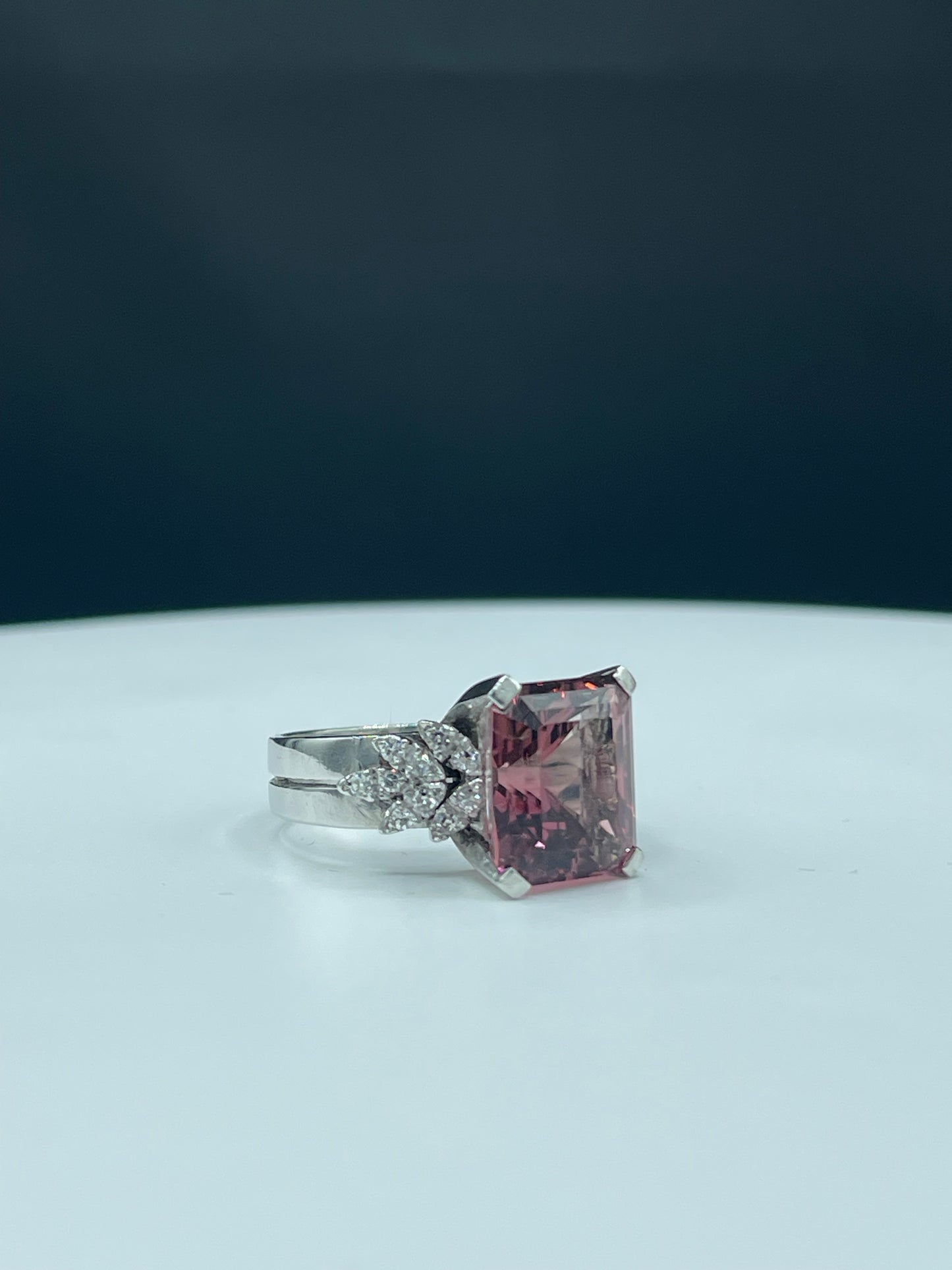 Natural Pink Rubellite Tourmaline Custom Precision Cut & Diamond 18k White Gold Cocktail Ring (Size 10)