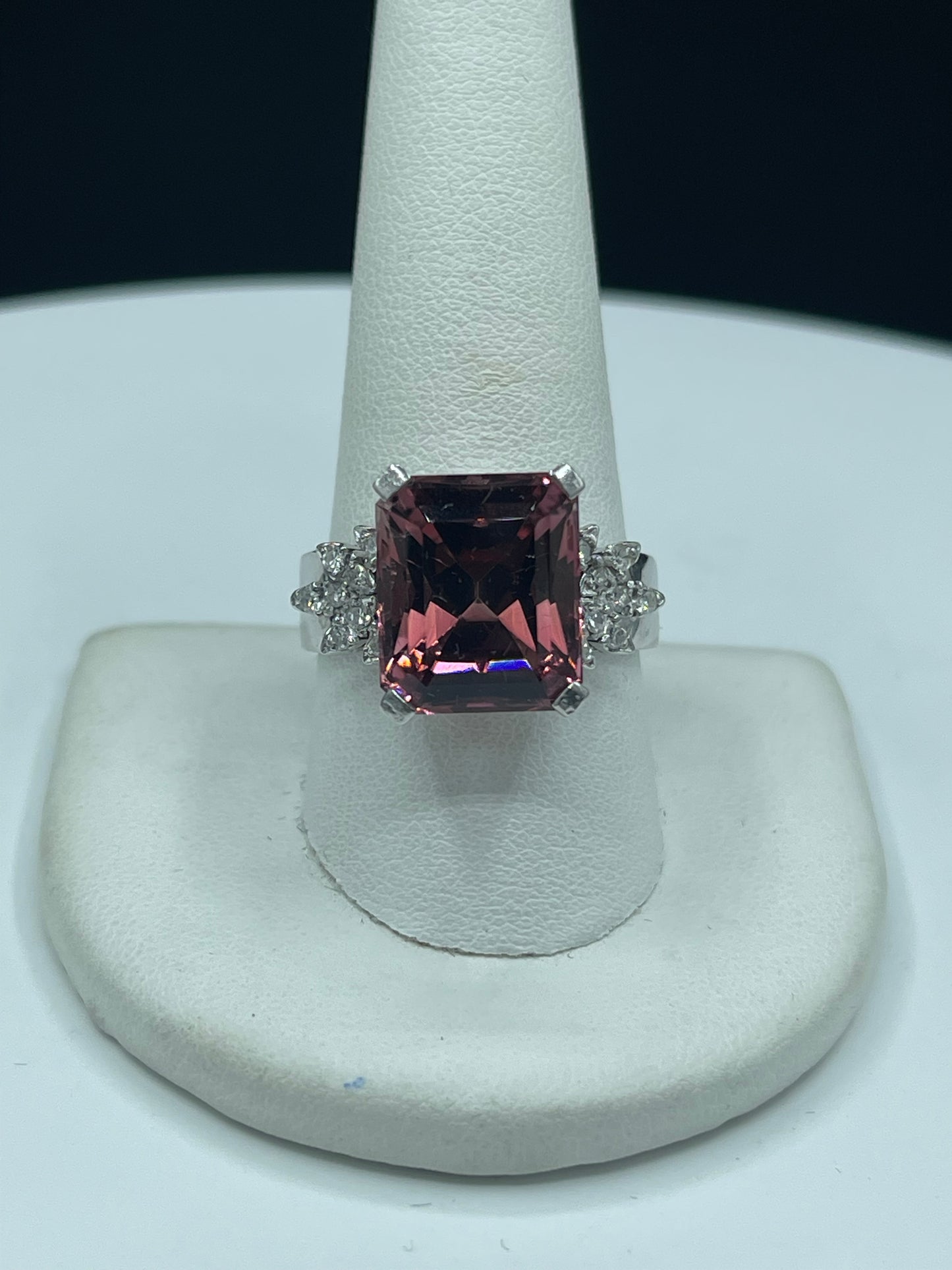 Natural Pink Rubellite Tourmaline Custom Precision Cut & Diamond 18k White Gold Cocktail Ring (Size 10)