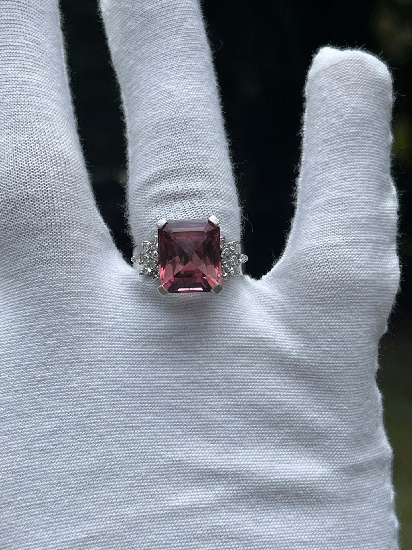 Natural Pink Rubellite Tourmaline Custom Precision Cut & Diamond 18k White Gold Cocktail Ring (Size 10)