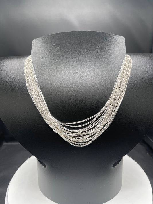 Handmade Multi Strand Solid Sterling Silver Bead & Cuban Chain Necklace - 925 Stamped, 18.25” Length, 45.8g, Lobster Clasp
