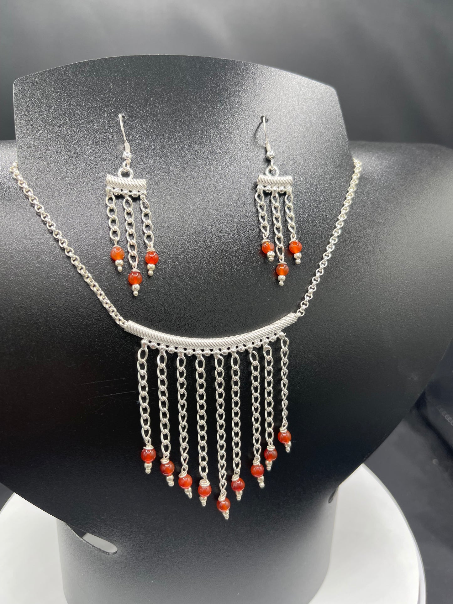 Handmade Natural Carnelian Sterling Silver Adjustable Necklace & Dangle Earring Set (15-25-16-25 inches)