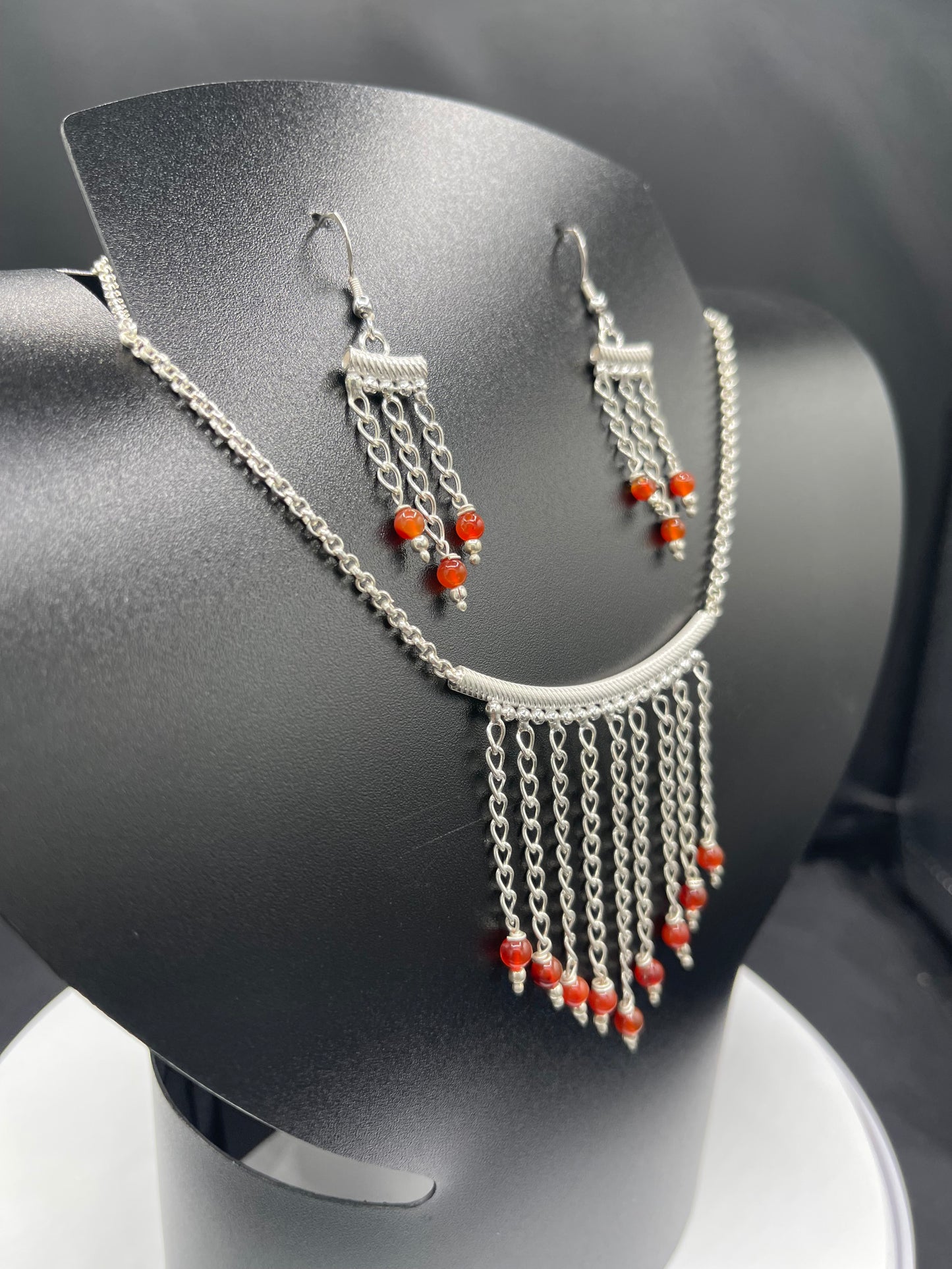 Handmade Natural Carnelian Sterling Silver Adjustable Necklace & Dangle Earring Set (15-25-16-25 inches)