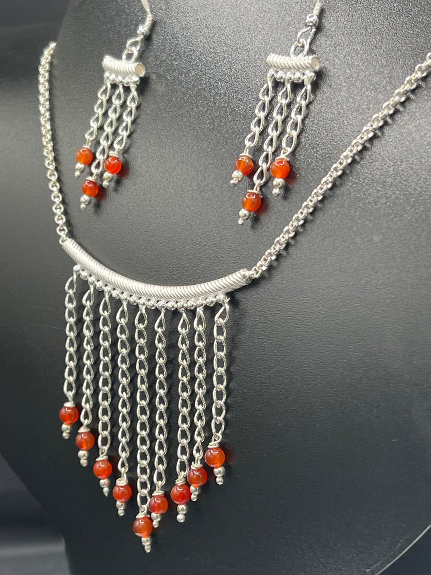 Handmade Natural Carnelian Sterling Silver Adjustable Necklace & Dangle Earring Set (15-25-16-25 inches)