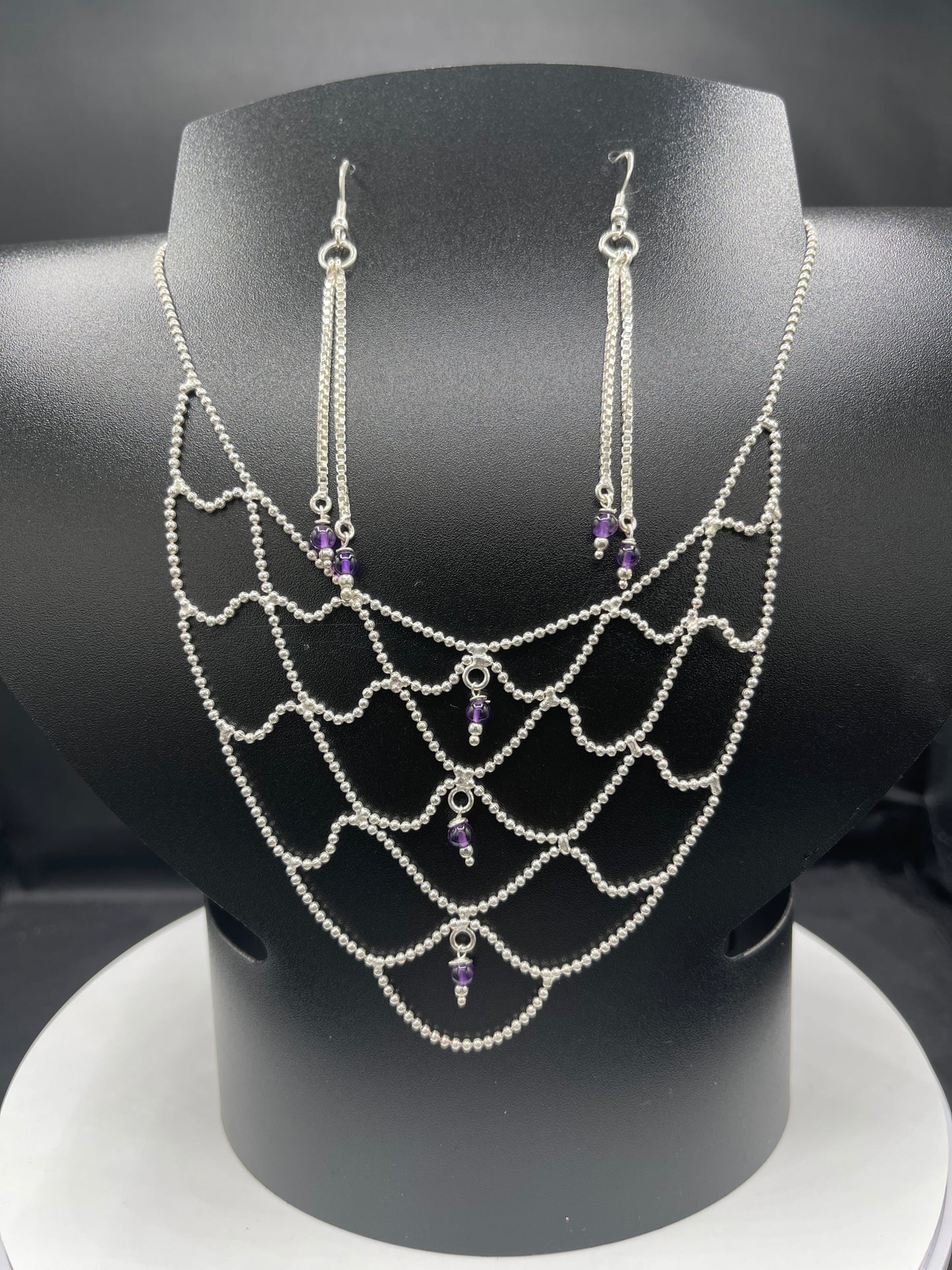 Handmade Natural Amethyst Bead Sterling Silver Adjustable Bib Necklace & Dangle Earring Set