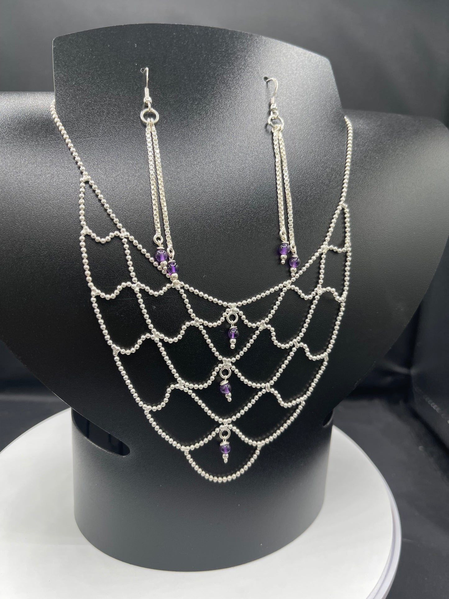 Handmade Natural Amethyst Bead Sterling Silver Adjustable Bib Necklace & Dangle Earring Set