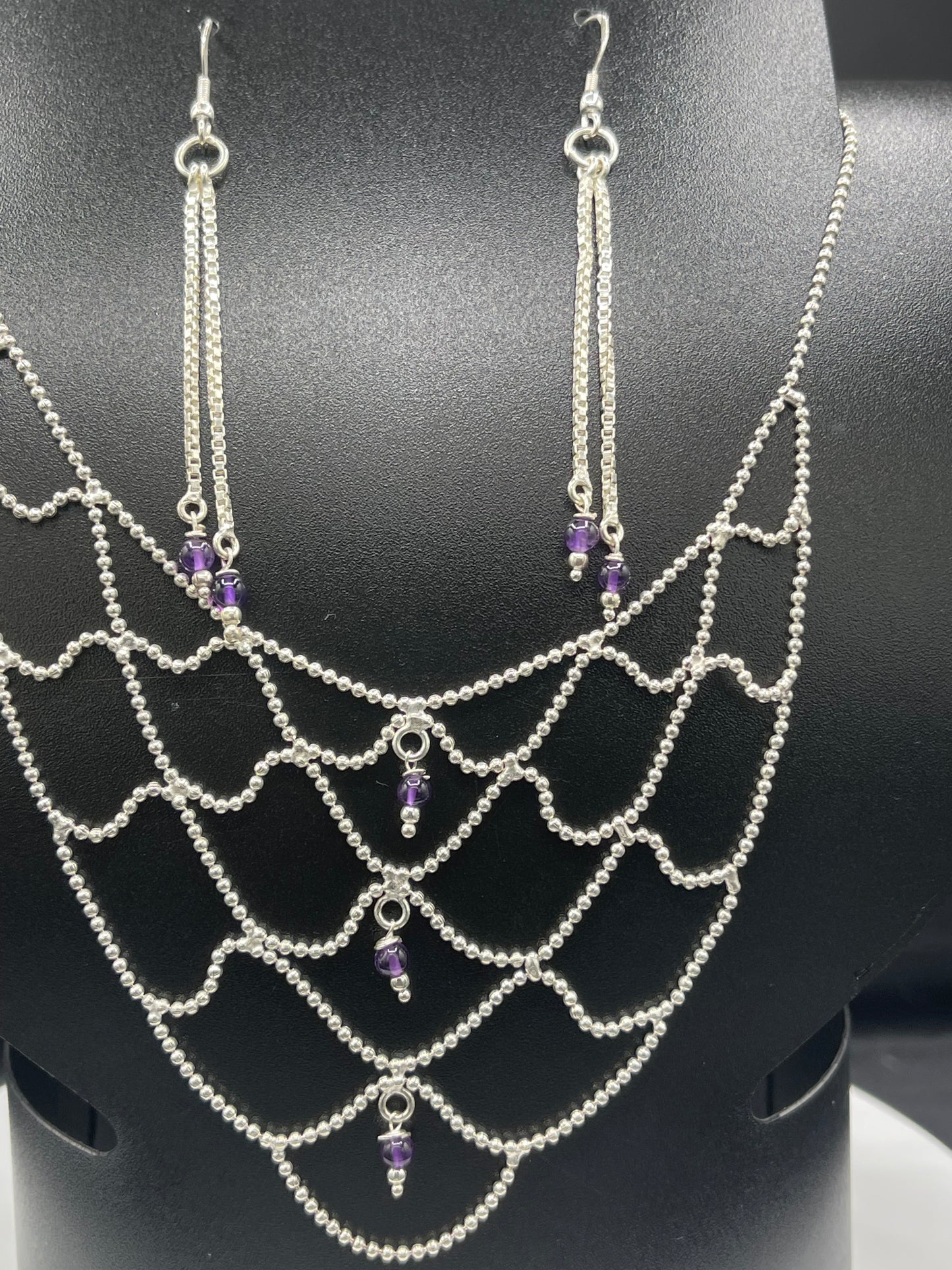 Handmade Natural Amethyst Bead Sterling Silver Adjustable Bib Necklace & Dangle Earring Set