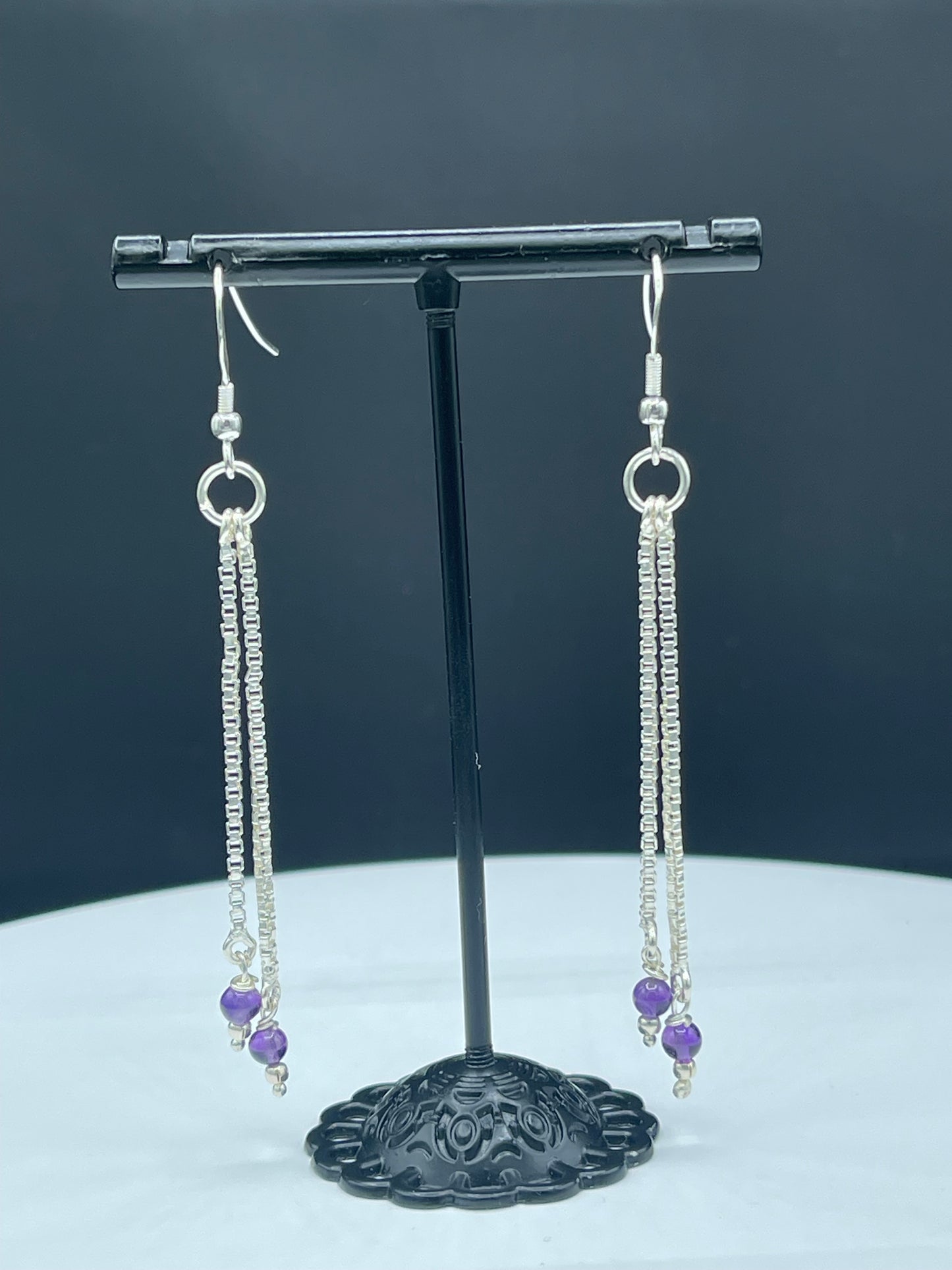 Handmade Natural Amethyst Bead Sterling Silver Adjustable Bib Necklace & Dangle Earring Set