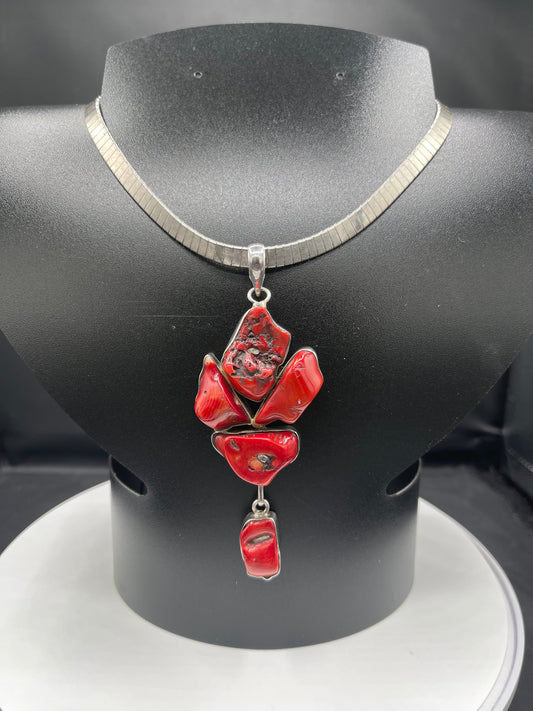 Large Natural Red Bamboo Coral Sterling Silver Dangle Pendant & Italian Sterling Silver Omega Necklace (16 Inches) (54.8 Grams)