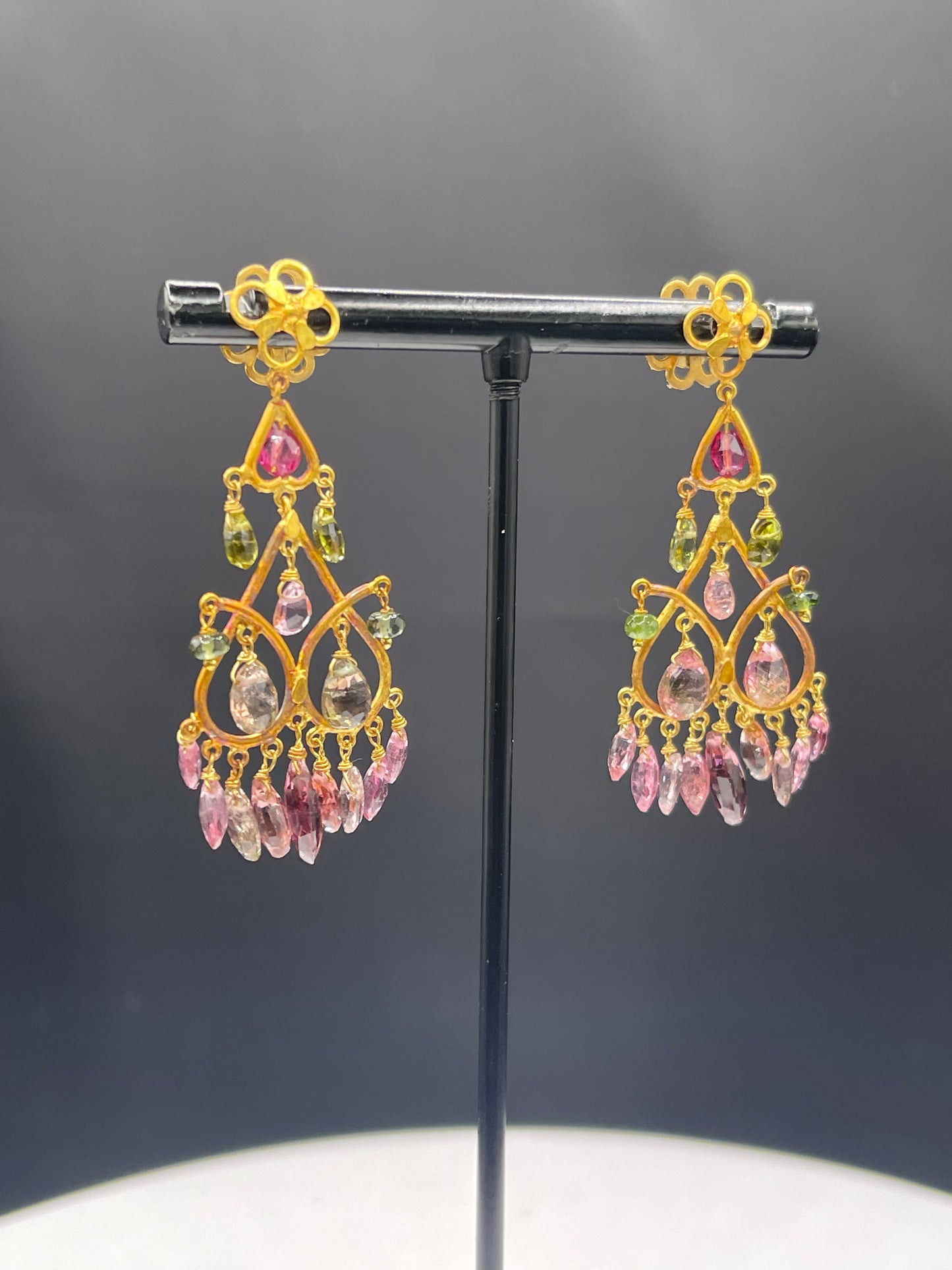 Handmade Multi-Color Tourmaline Briolette Cut 18k Yellow Gold Dangle Earrings - 2 Inch, 8 Grams, One of a Kind