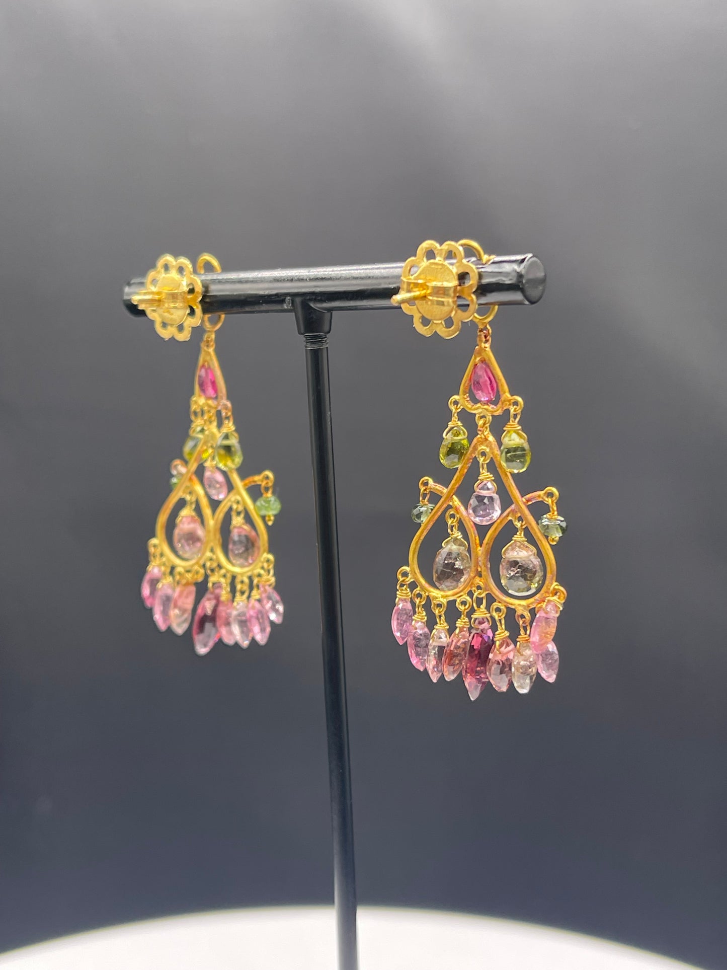 Handmade Multi-Color Tourmaline Briolette Cut 18k Yellow Gold Dangle Earrings - 2 Inch, 8 Grams, One of a Kind