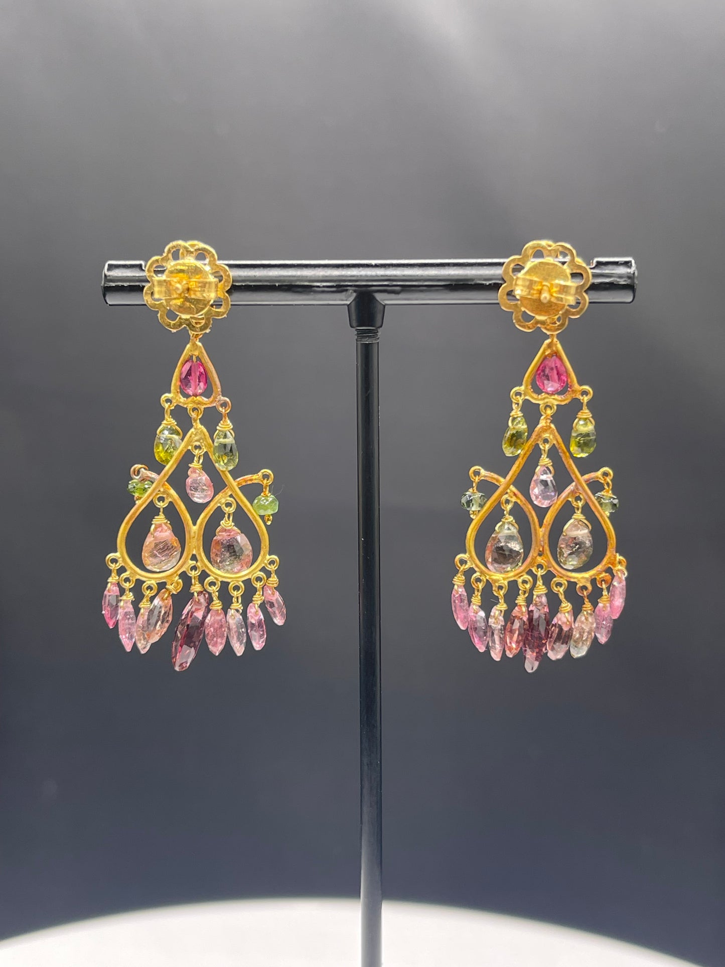 Handmade Multi-Color Tourmaline Briolette Cut 18k Yellow Gold Dangle Earrings - 2 Inch, 8 Grams, One of a Kind