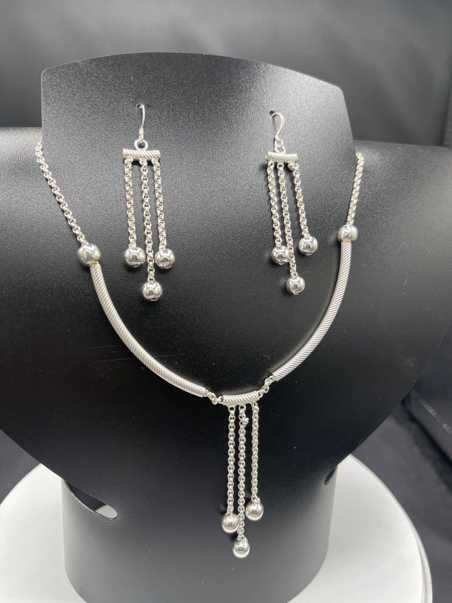 Handmade Indian 925 Sterling Silver Bead Necklace & Dangle Earring Set - Bib Style