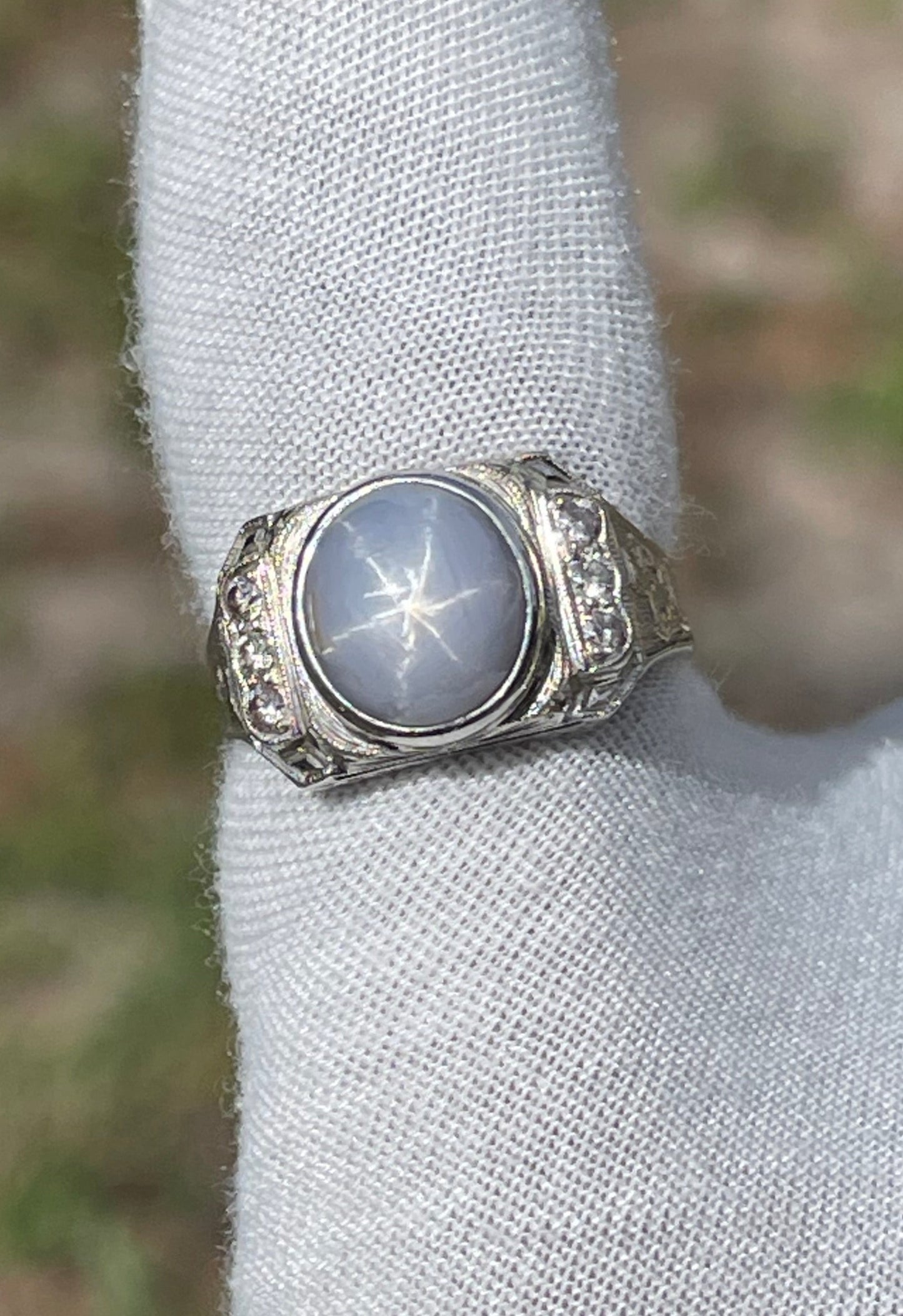 Vintage Men’s 21K Natural Star Sapphire & Diamond White Gold Shriner Ring (Size 10.25)