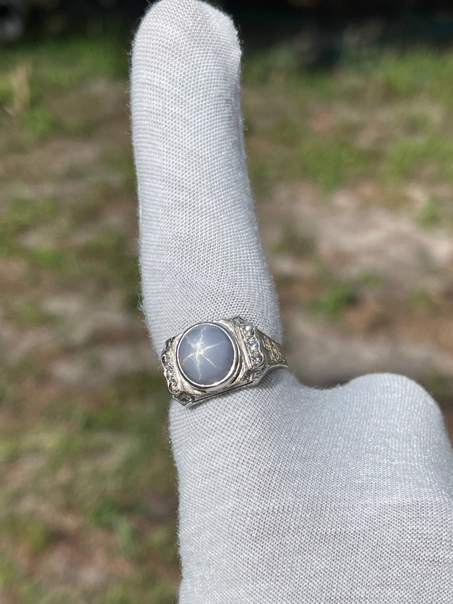 Vintage Men’s 21K Natural Star Sapphire & Diamond White Gold Shriner Ring (Size 10.25)