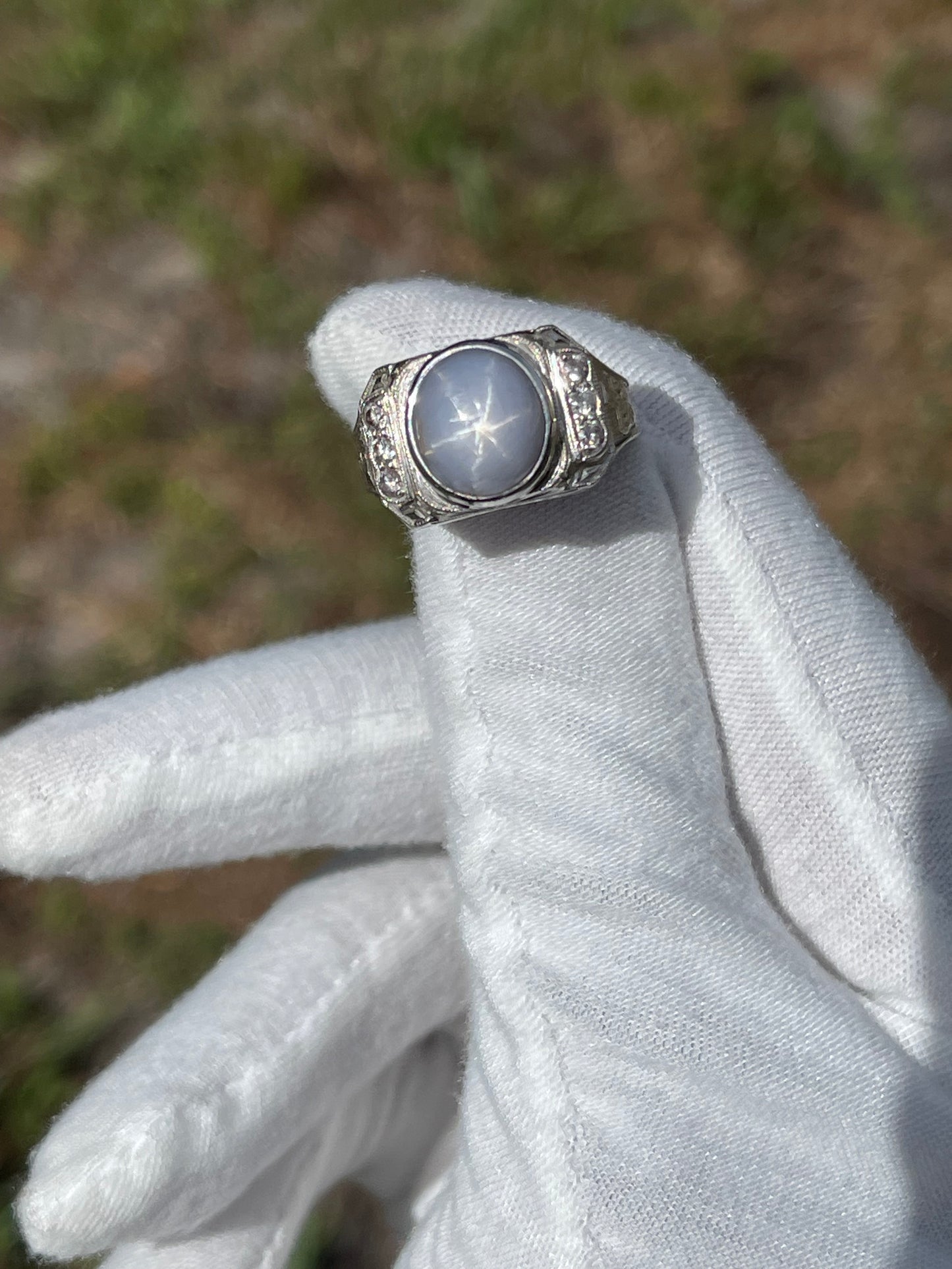 Vintage Men’s 21K Natural Star Sapphire & Diamond White Gold Shriner Ring (Size 10.25)