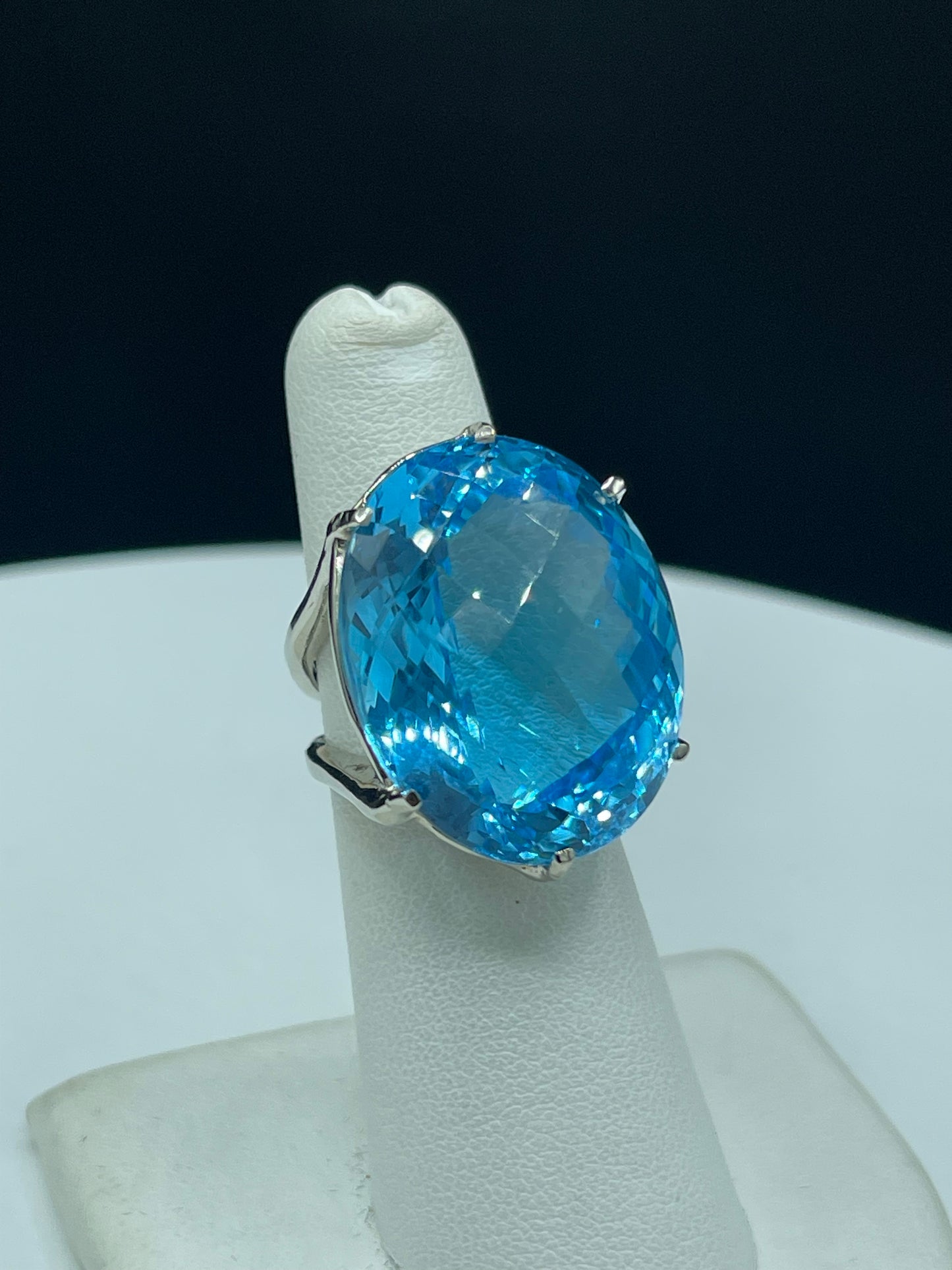 Luxurious 52.70 Carat Super Swiss Blue Topaz Checkerboard Cut Statement Ring in 14k White Gold (Size 5.25)