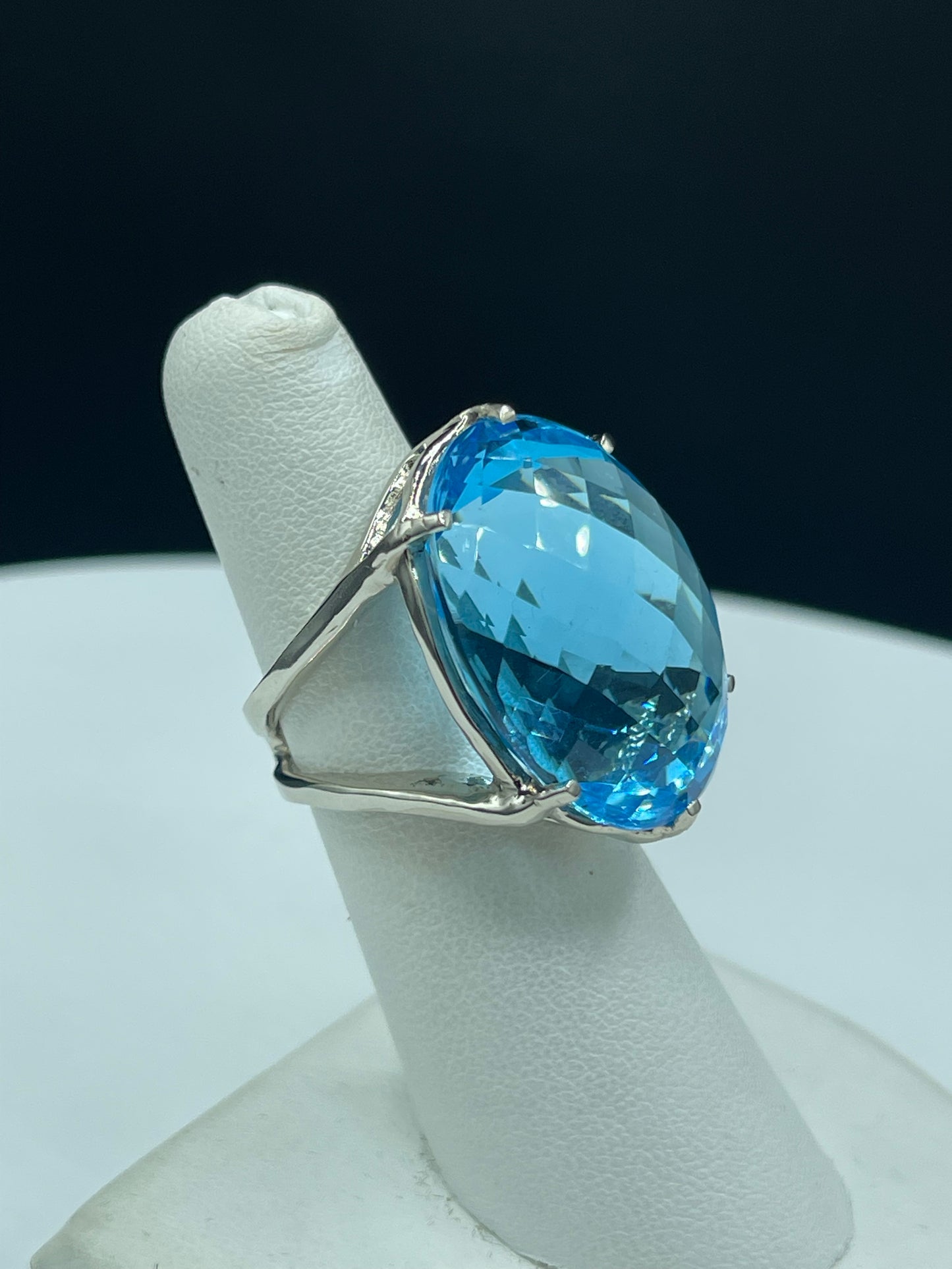 Luxurious 52.70 Carat Super Swiss Blue Topaz Checkerboard Cut Statement Ring in 14k White Gold (Size 5.25)