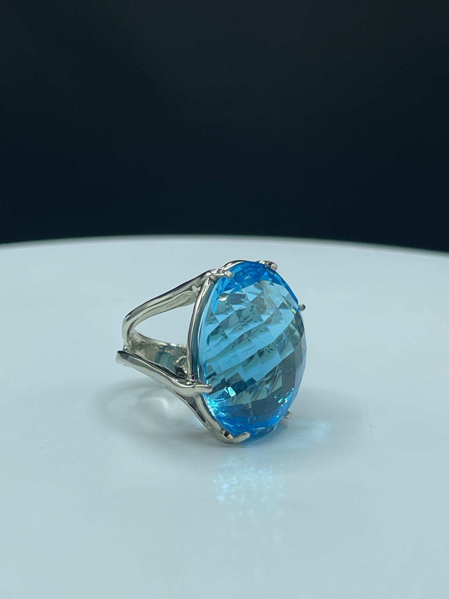 Luxurious 52.70 Carat Super Swiss Blue Topaz Checkerboard Cut Statement Ring in 14k White Gold (Size 5.25)