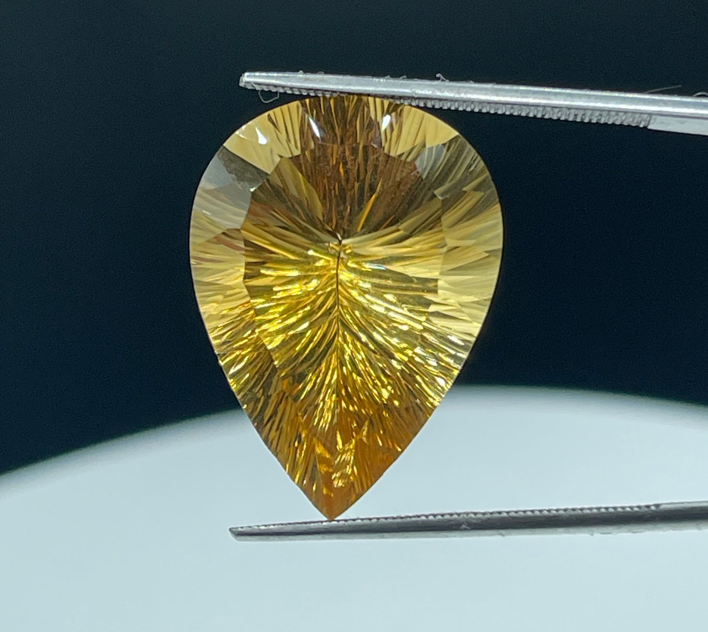 22.26 Carat Natural Citrine Laser Concave Pear Cut Gemstone - 24x17.6x12.4 MM, Internally Flawless