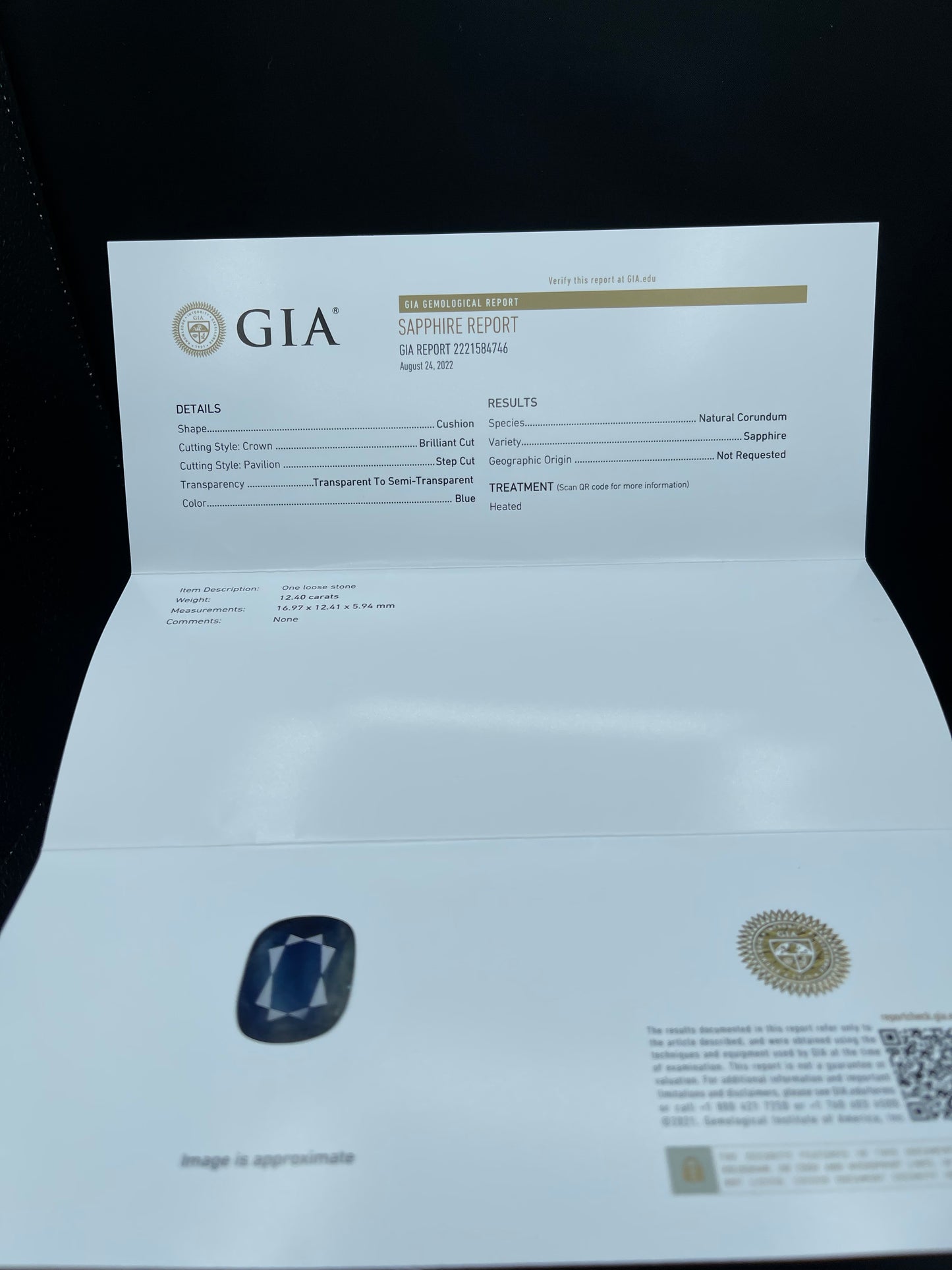 GIA Certified 12.40 Carat Natural Blue Sapphire Cushion Cut Loose Gemstone 16.97 x 12.41 x 5.94 MM