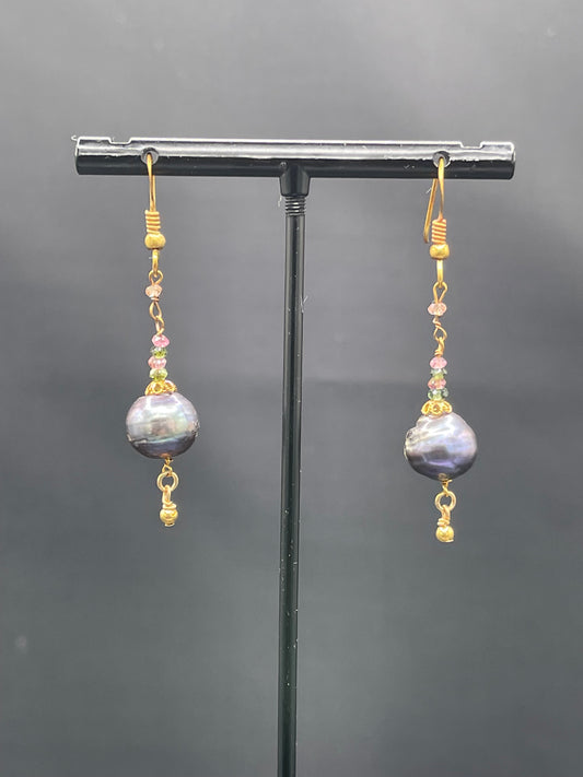 Natural Black Pearl & Tourmaline 18k Yellow Gold Dangle Earrings