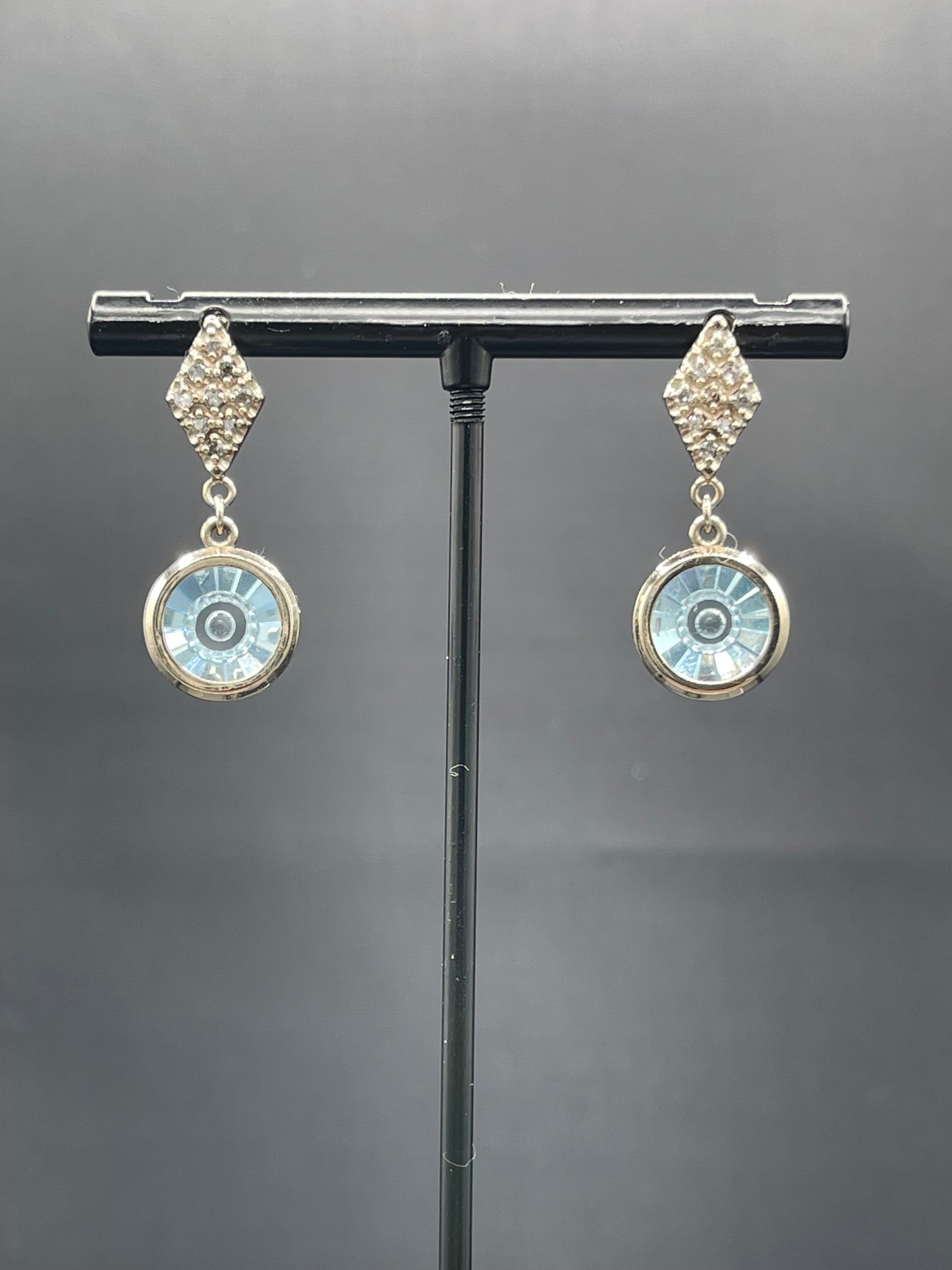Custom Blue Topaz & Diamond 14k White Gold Dangle Earrings