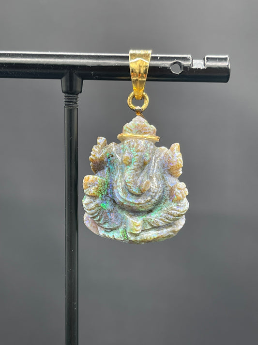 16.95 Carat Natural Black Opal Hand Carved Ganesh 24k Gold Pendant