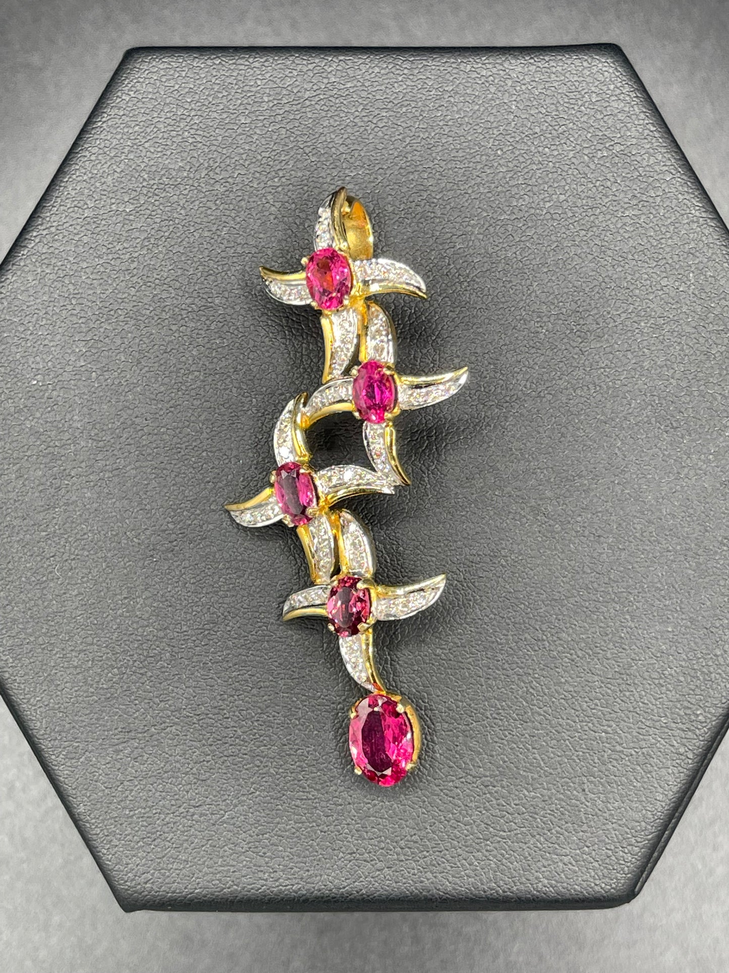 Natural 4.55 Carat Rubellite Tourmaline & Diamond 18k Yellow + White Gold Pendant