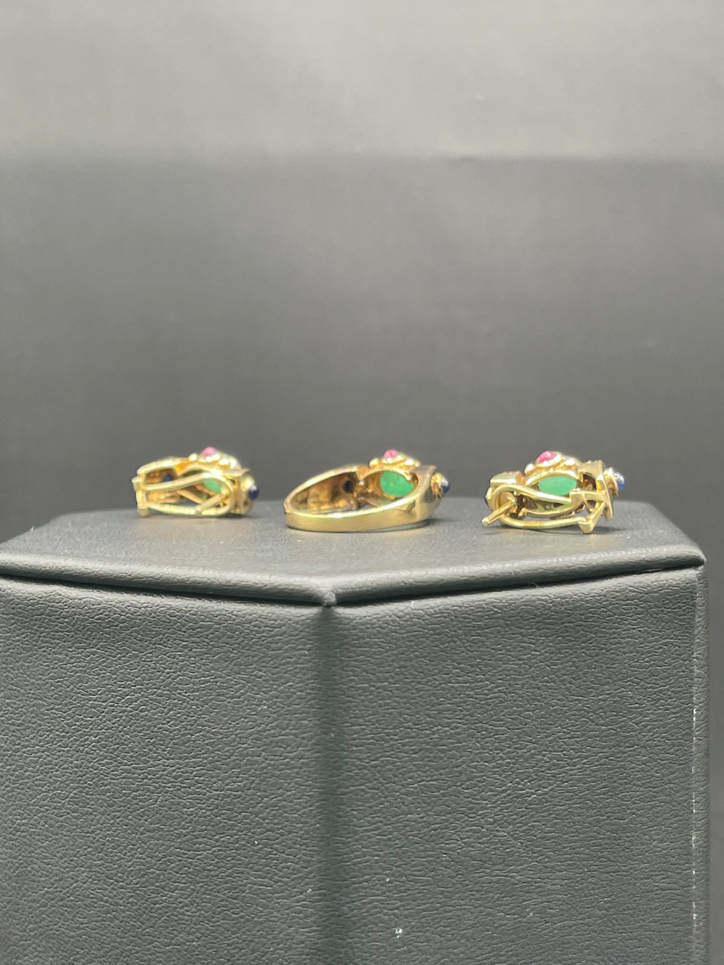 Natural Emerald Ruby Sapphire & Diamond Ring + Earring 14k Yellow Gold Jewelry Set