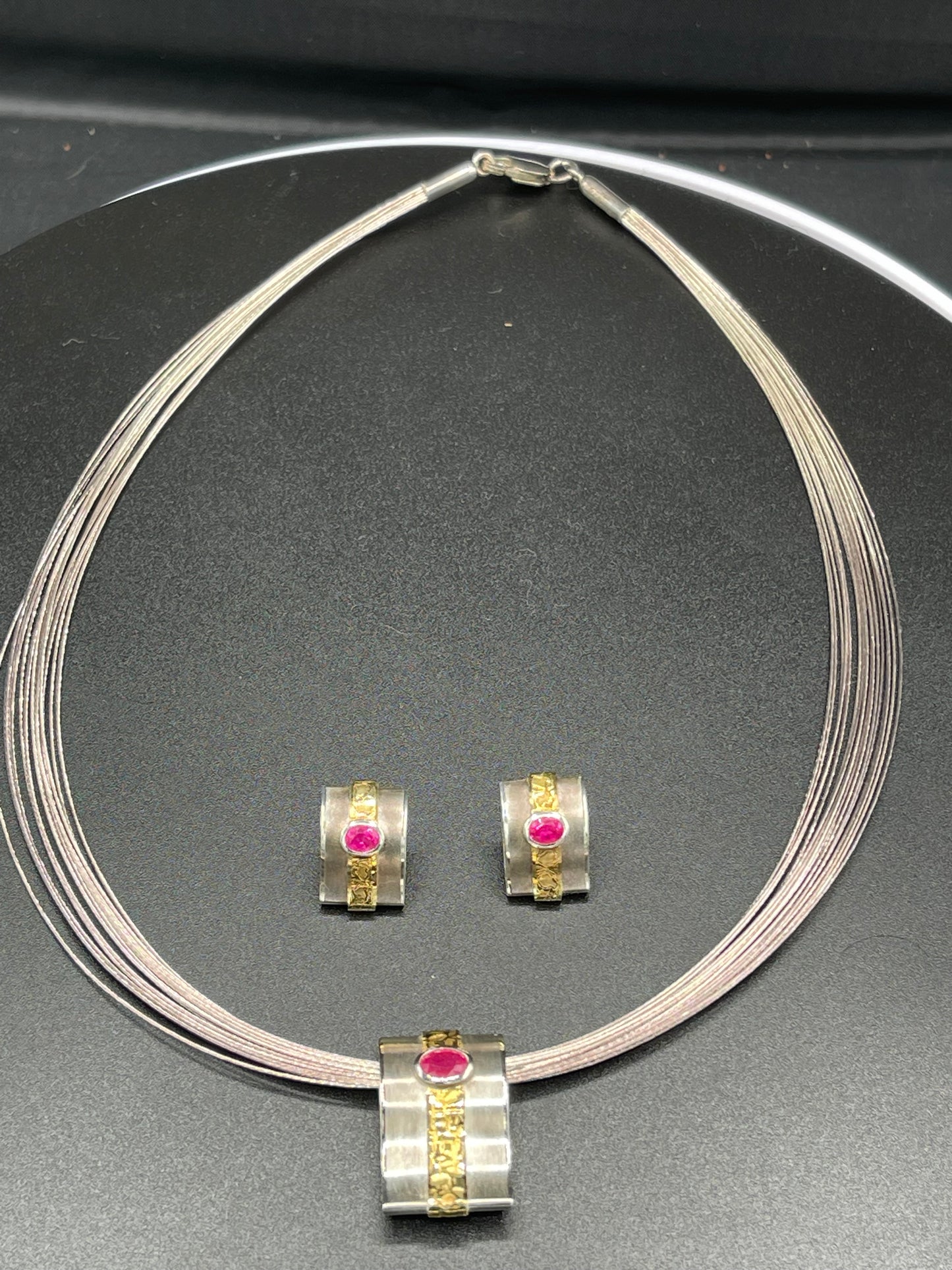 Natural Unheated Ruby Sterling Silver 18k Gold Necklace & Earring Set