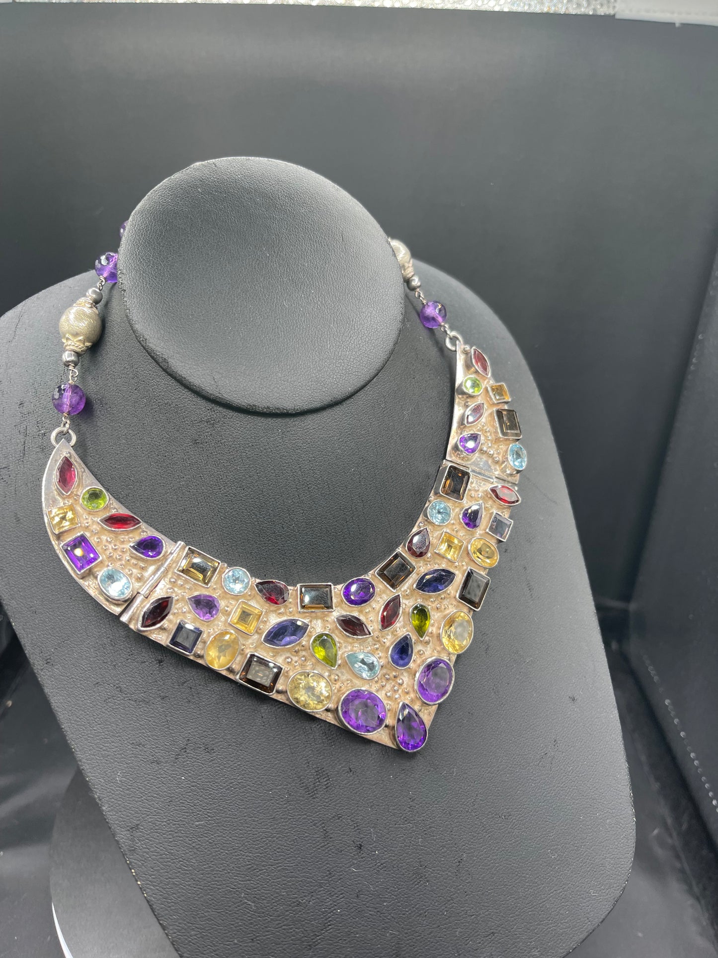 100 Carat Natural Semi Precious Sterling Silver Bib Necklace