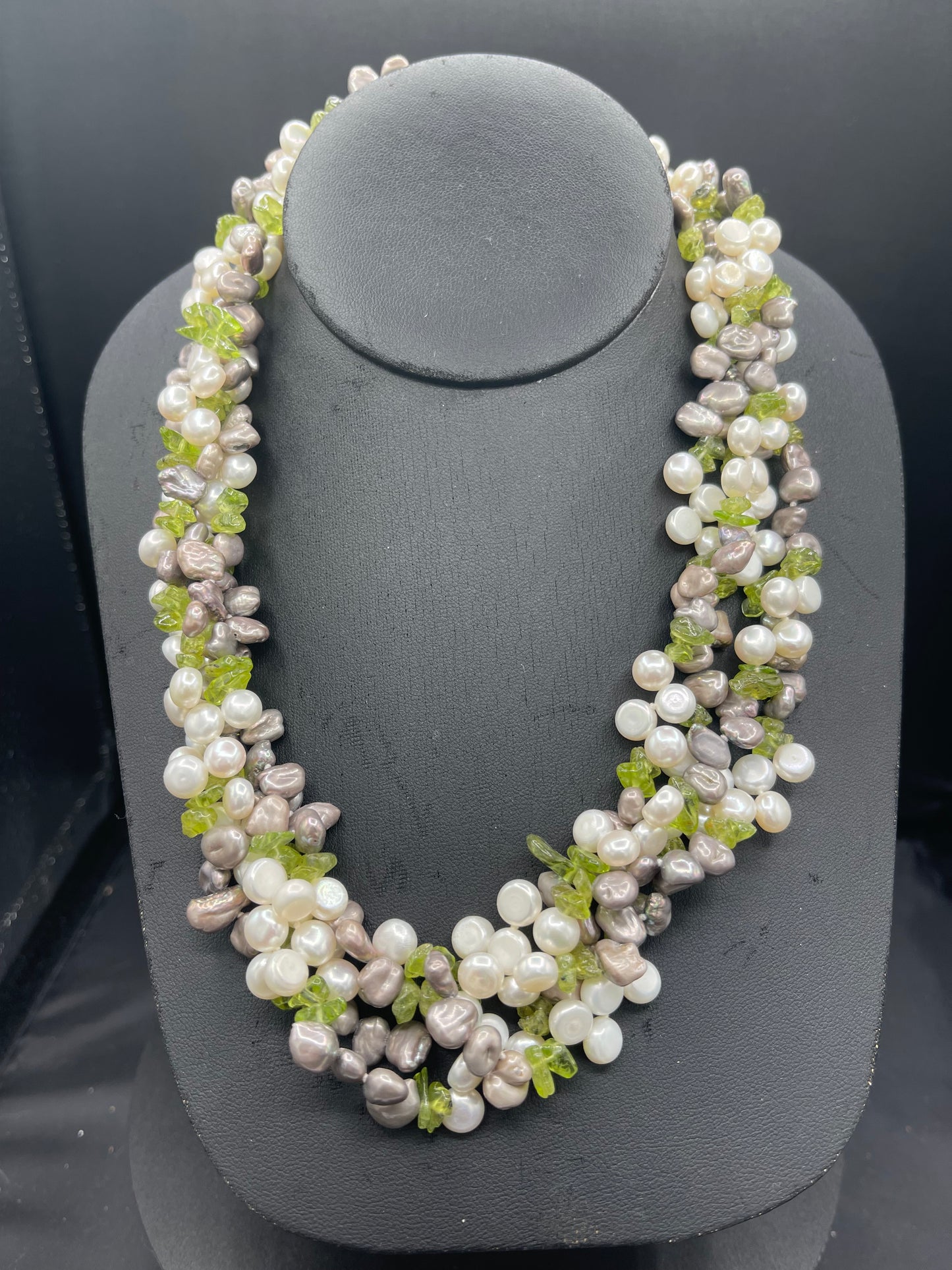 Natural Peridot & Freshwater Pearl Sterling Silver Quadruple Strand Beaded Necklace