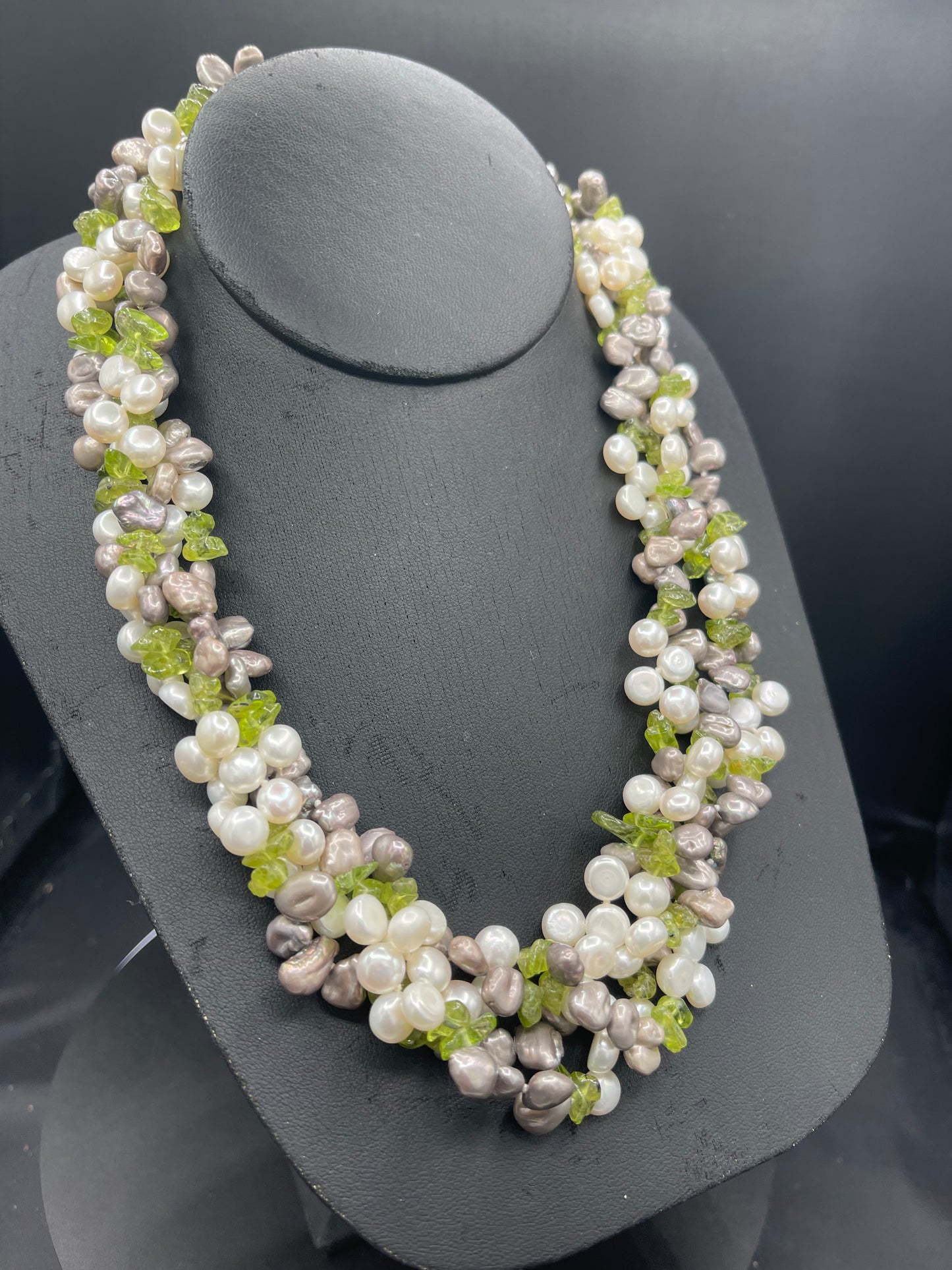 Natural Peridot & Freshwater Pearl Sterling Silver Quadruple Strand Beaded Necklace