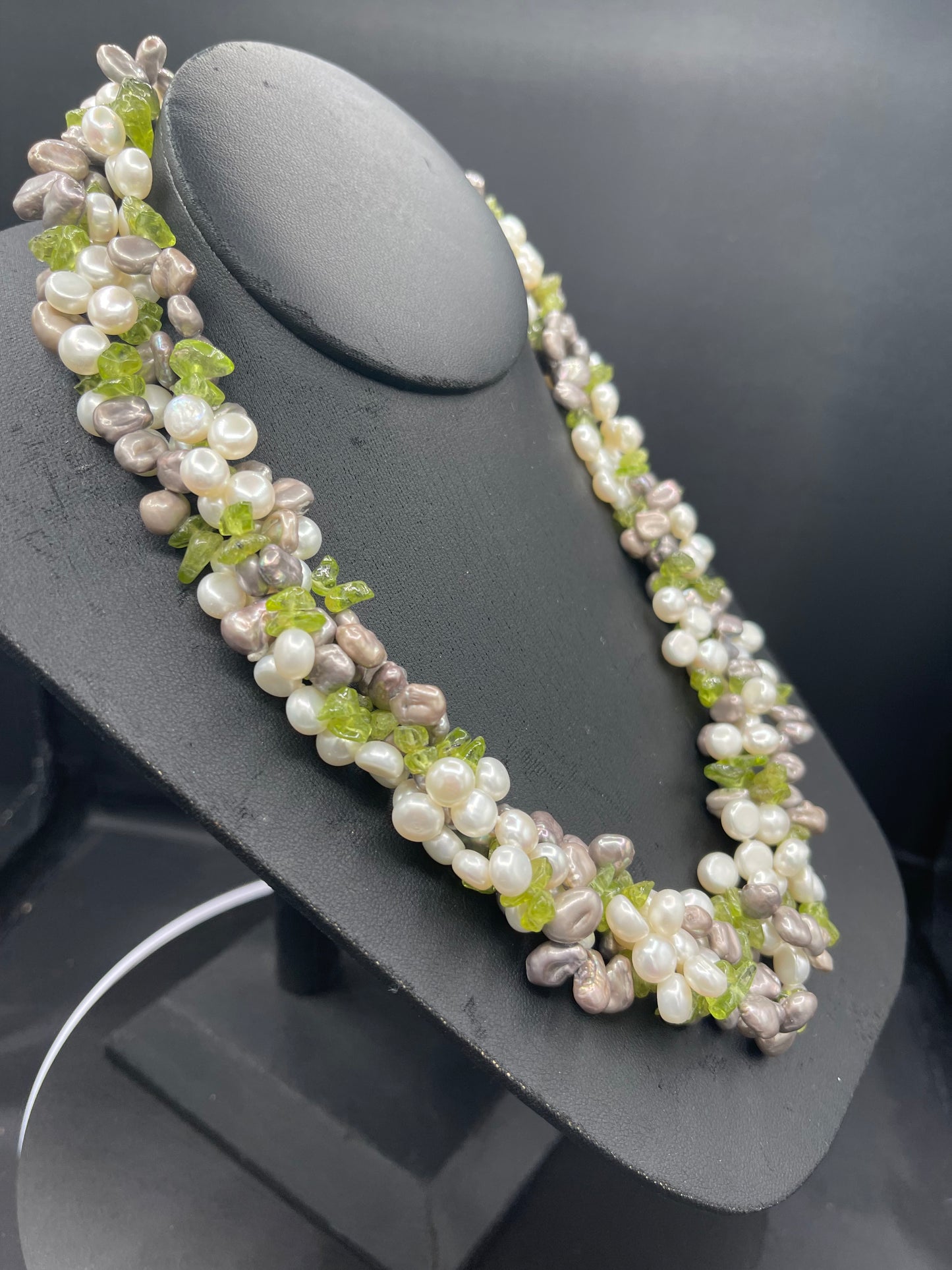 Natural Peridot & Freshwater Pearl Sterling Silver Quadruple Strand Beaded Necklace