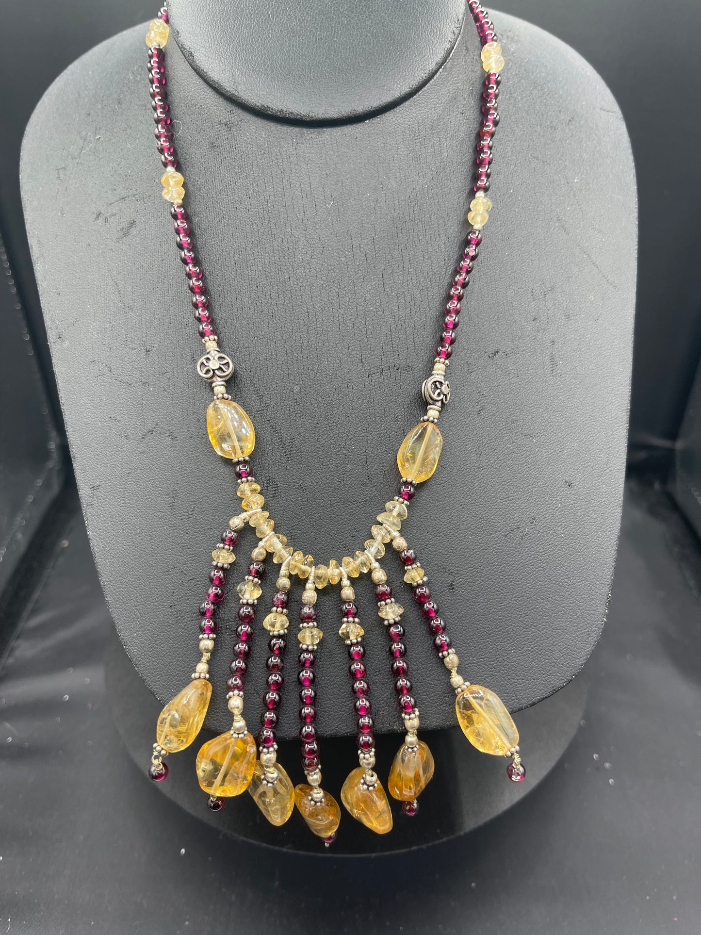 Natural Citrine & Garnet Sterling Silver Beaded Bib Necklace