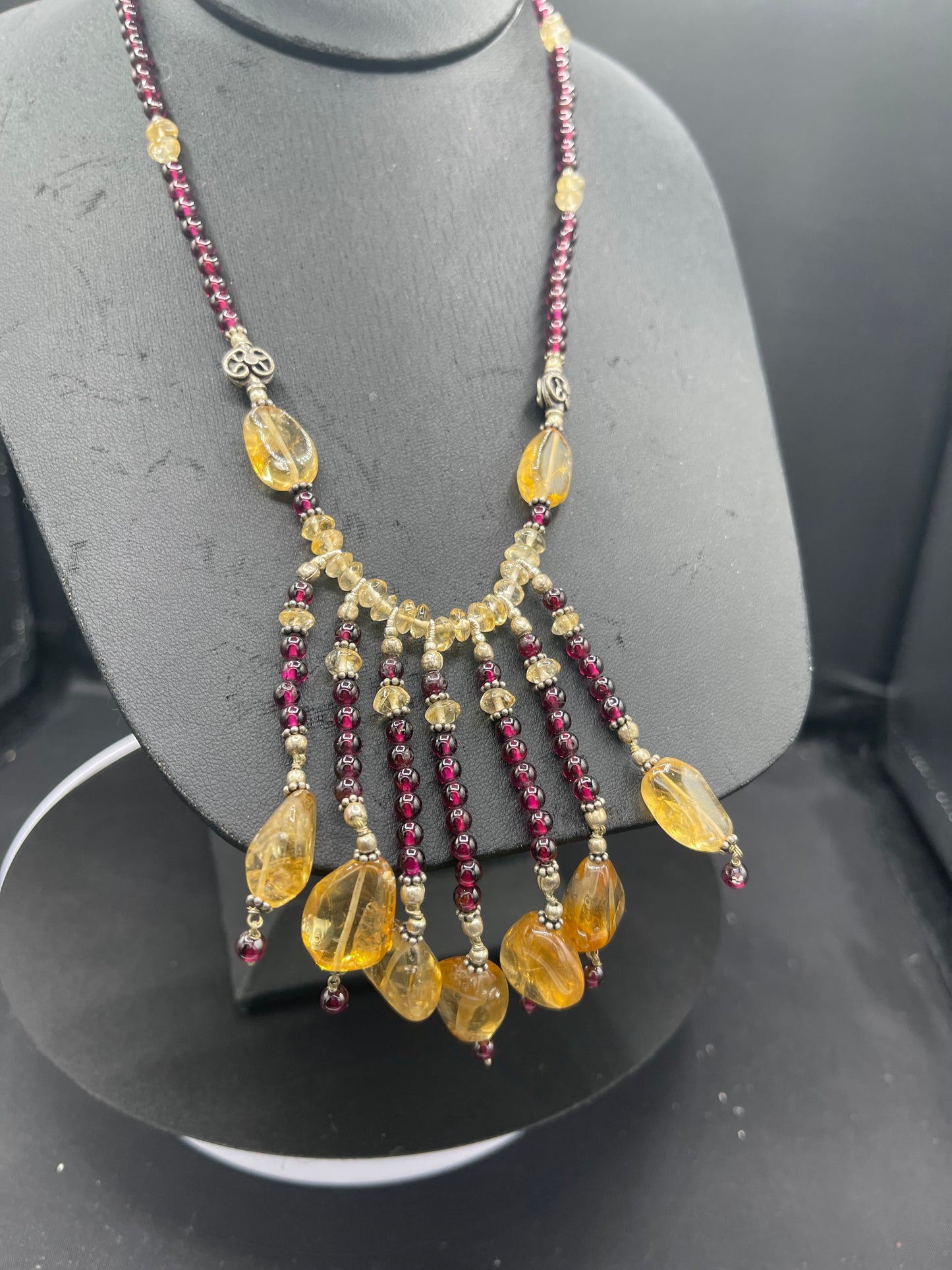 Natural Citrine & Garnet Sterling Silver Beaded Bib Necklace