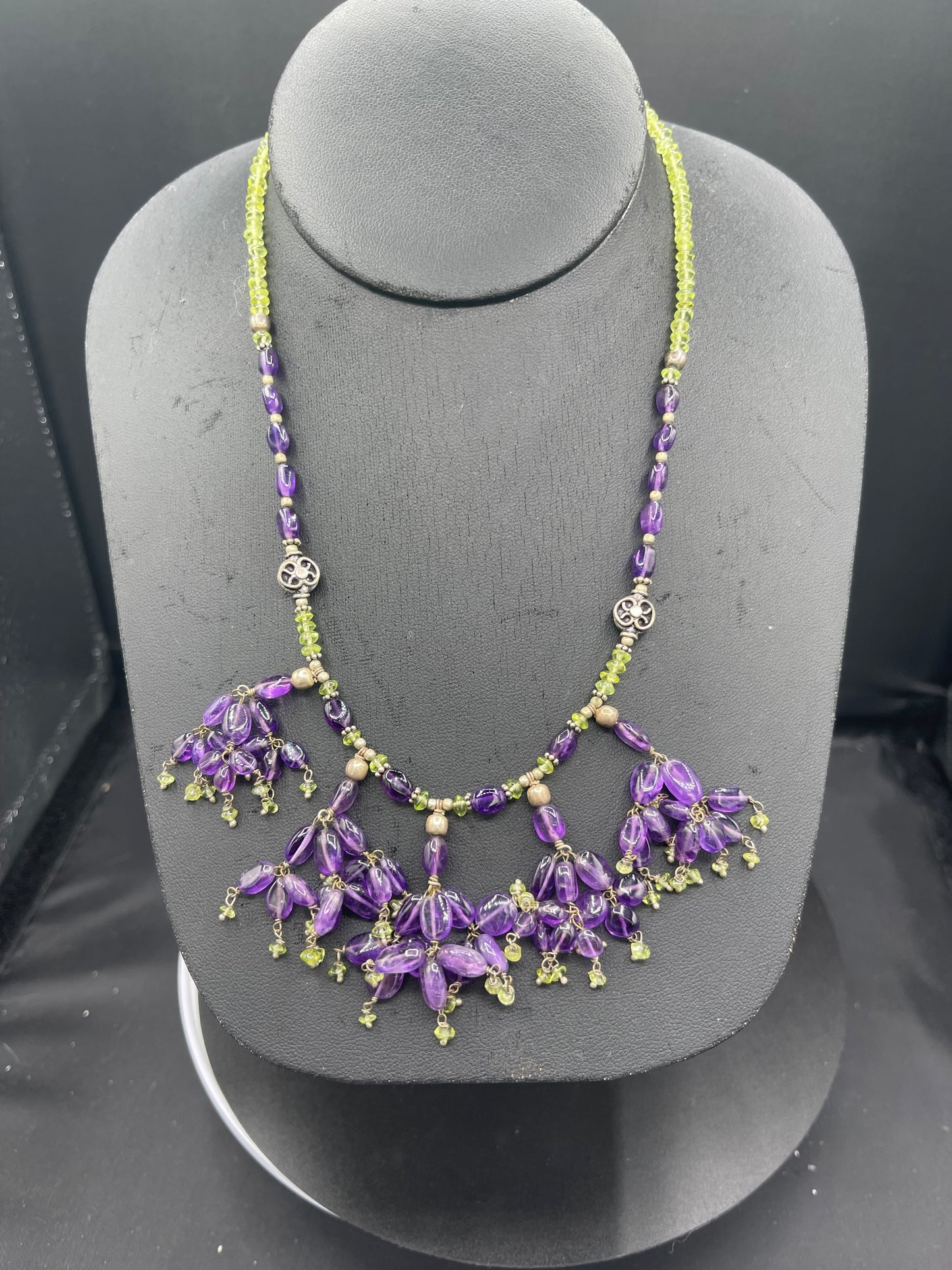 Natural Amethyst & Peridot Sterling Silver Beaded Bib Necklace