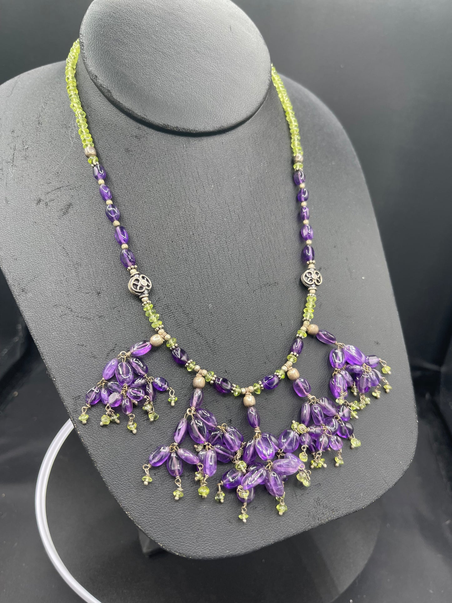 Natural Amethyst & Peridot Sterling Silver Beaded Bib Necklace