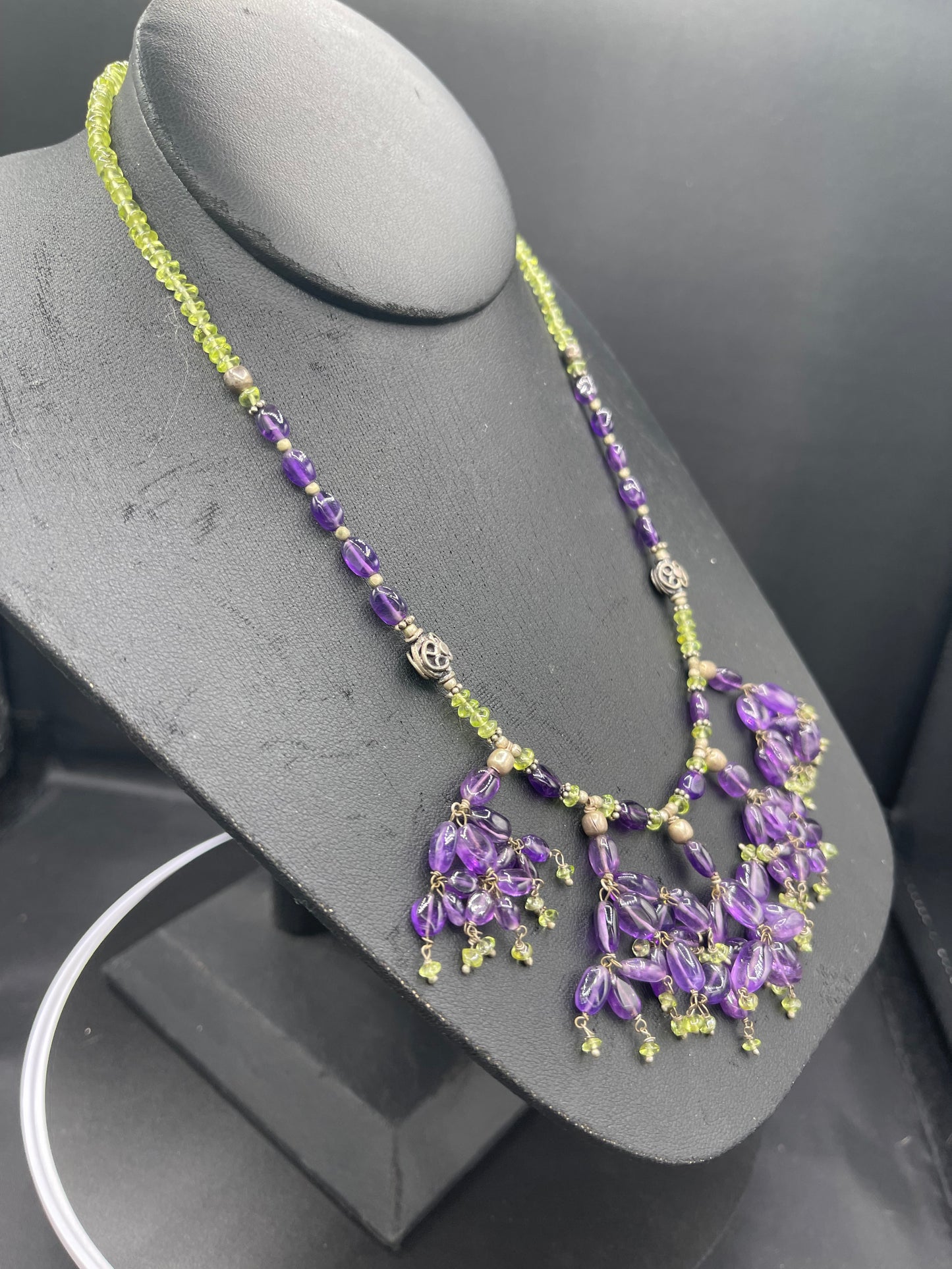 Natural Amethyst & Peridot Sterling Silver Beaded Bib Necklace