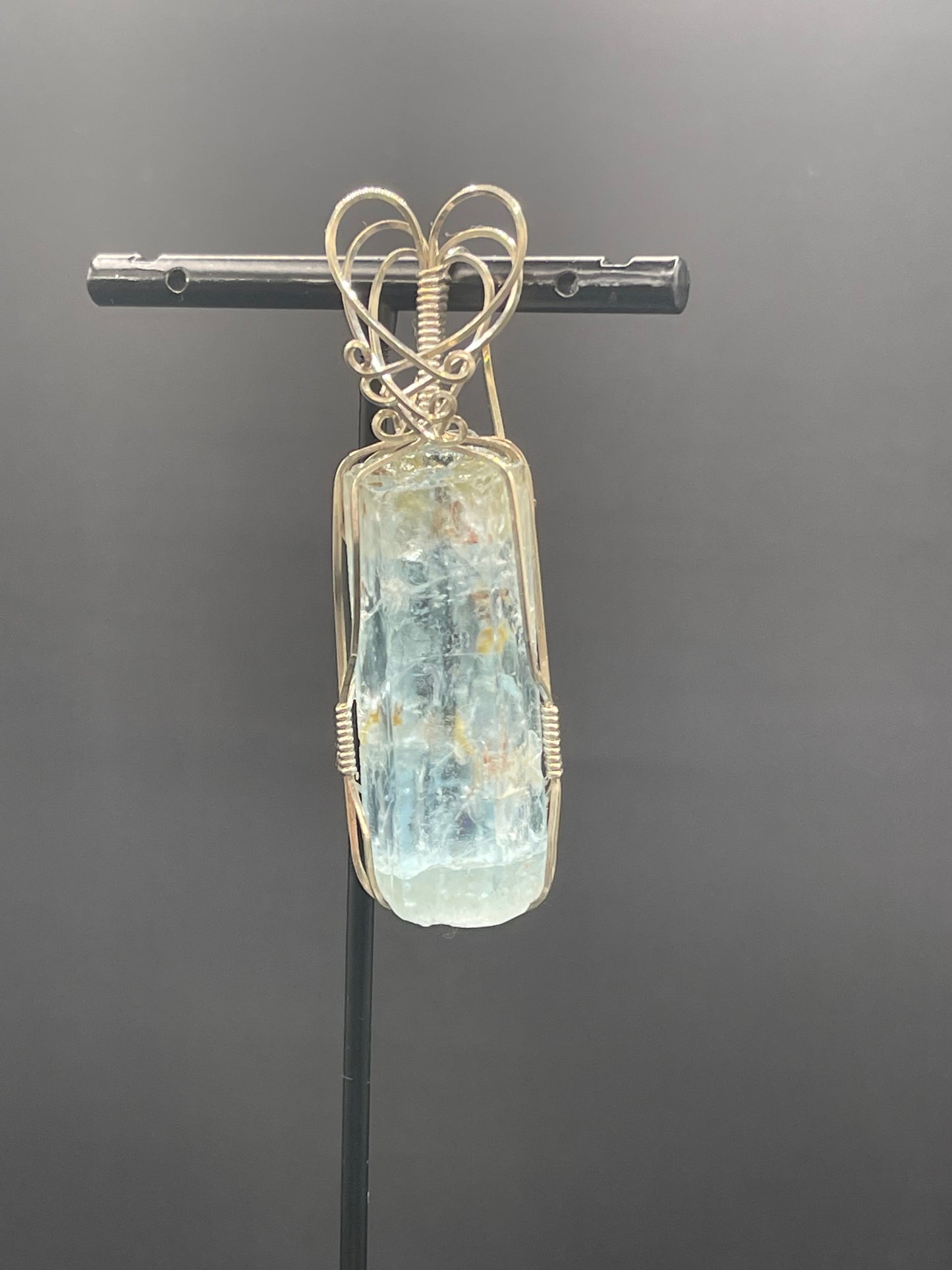 Natural Aquamarine Beryl Crystal Sterling Silver Wire Wrapped Pendant