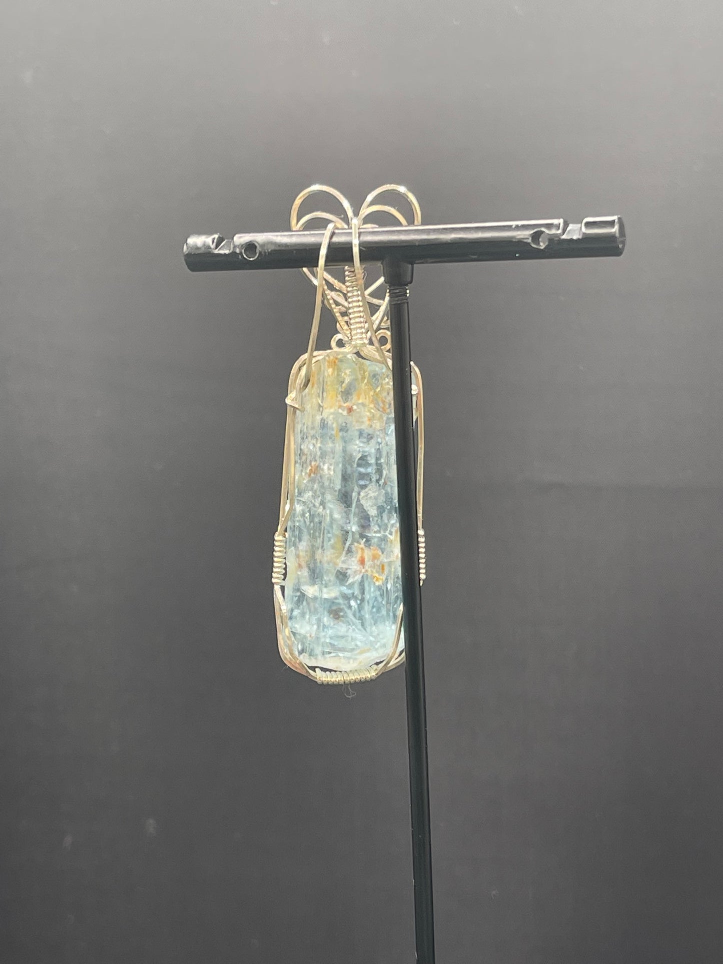 Natural Aquamarine Beryl Crystal Sterling Silver Wire Wrapped Pendant