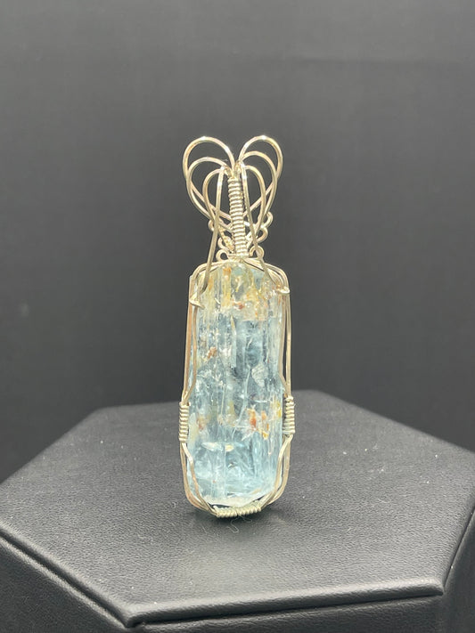 Natural Aquamarine Beryl Crystal Sterling Silver Wire Wrapped Pendant