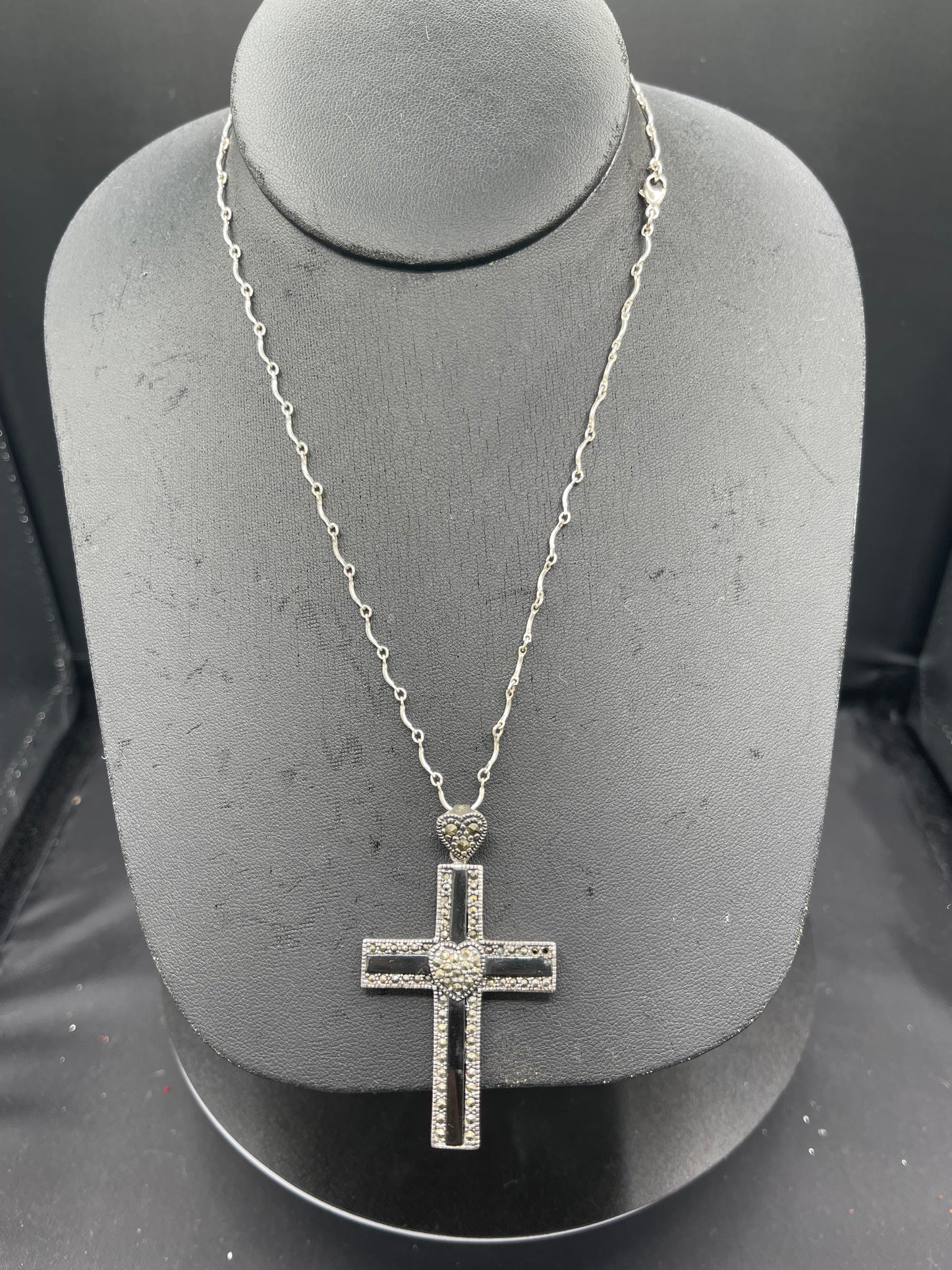Natural Black Onyx & Marcasite Sterling Silver Cross Pendant And Necklace